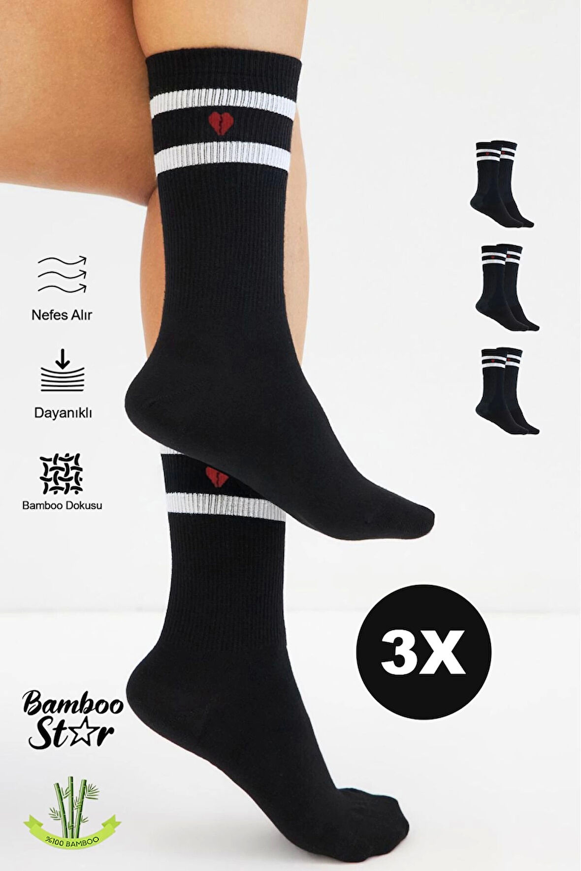 Bambu Kadın Kalp Desenli Tenis Çizgili Premium Kolej Çorabı Siyah Dikişsiz Soket Çorap 3'lü Paket