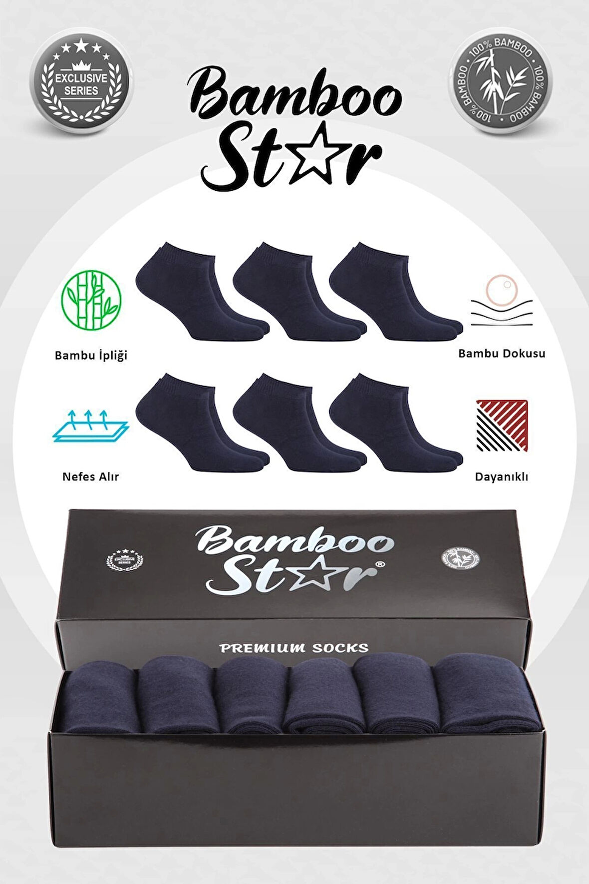 Bambu Erkek Patik Düz Lacivert Çorap Dikişsiz Premium Kutulu 6'lı