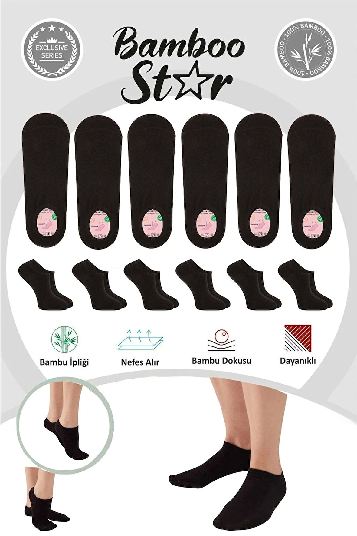 Bambu Kadın Sneaker Siyah Çorap Dikişsiz Görünmez Bilekte Görünmez Spor Çorap Premium 6'lı Paket