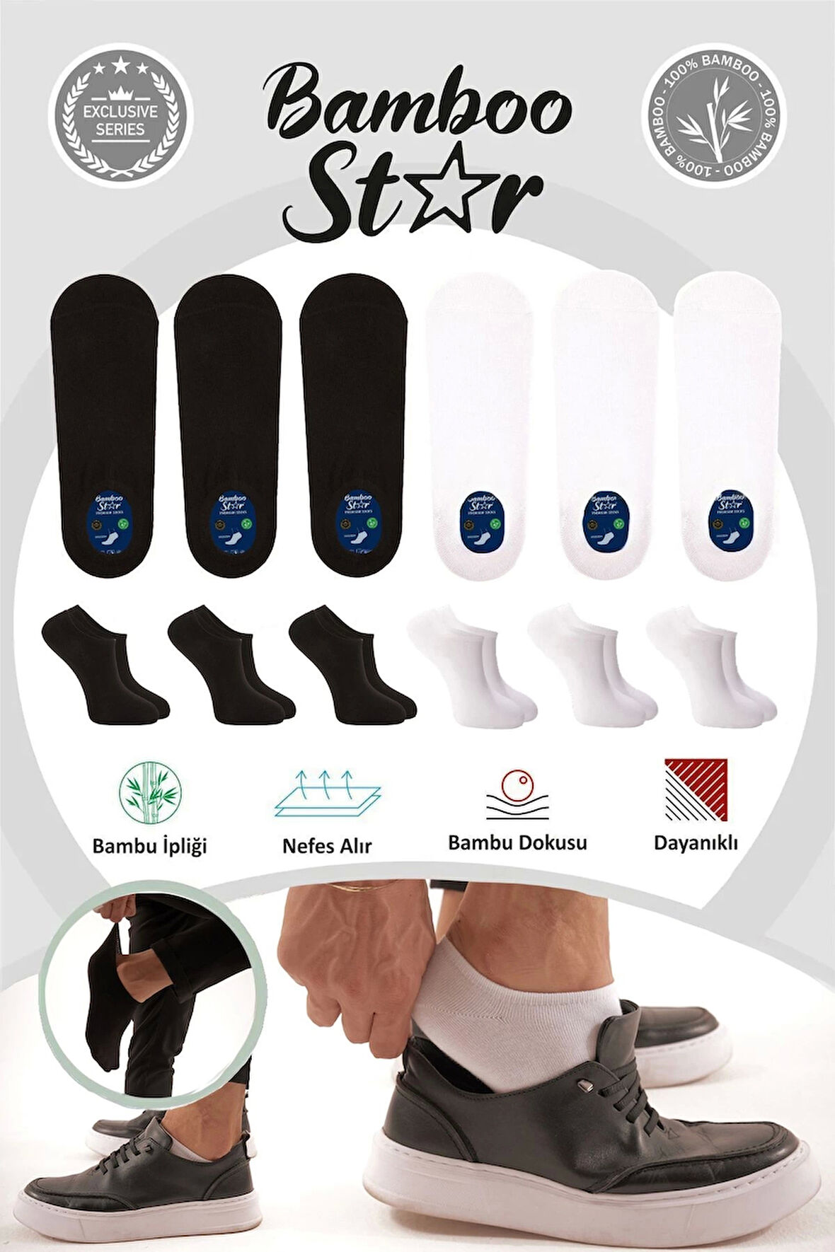 Bambu Erkek Sneaker 3 Siyah- 3 Beyaz Çorap Dikişsiz Bilekte Görünmez Spor Çorap Premium 6'lı Paket