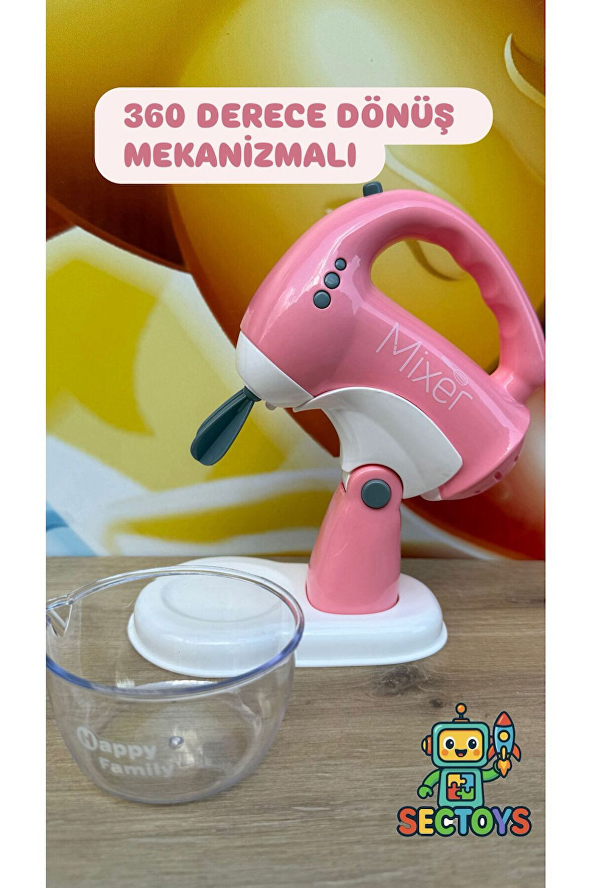 Sesli Işıklı Pilli 360 Derece Dönen Oyuncak Mikser El Mikseri Çırpma Kaseli Pilli Mutfak Oyuncak Set