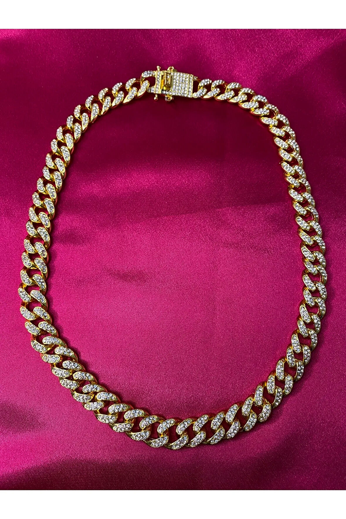 Cuban Chain Gold Colour Zirkon Taş Işleme Standart Beden Zincir Kolye