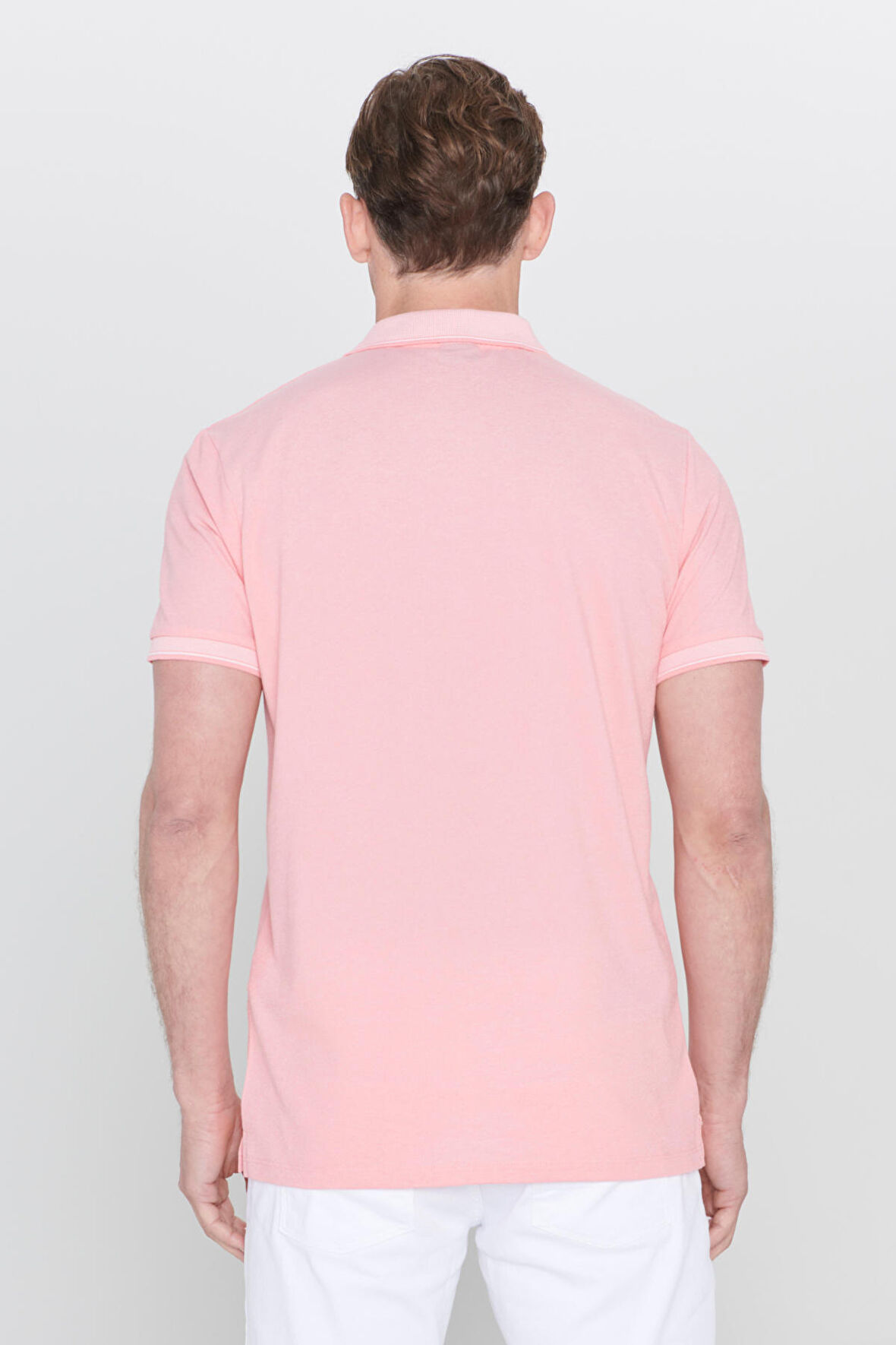 Erkek Çekmeyen Pamuklu Kumaş Slim Fit Dar Kesim Pembe-Beyaz Kıvrılmaz Polo Yaka Tişört