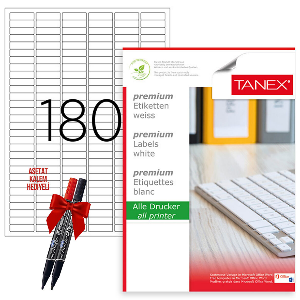 Tanex Tw-2060 30x9 mm Laser Etiket 100 Tabaka 2'li Asetat Kalem Hediyeli