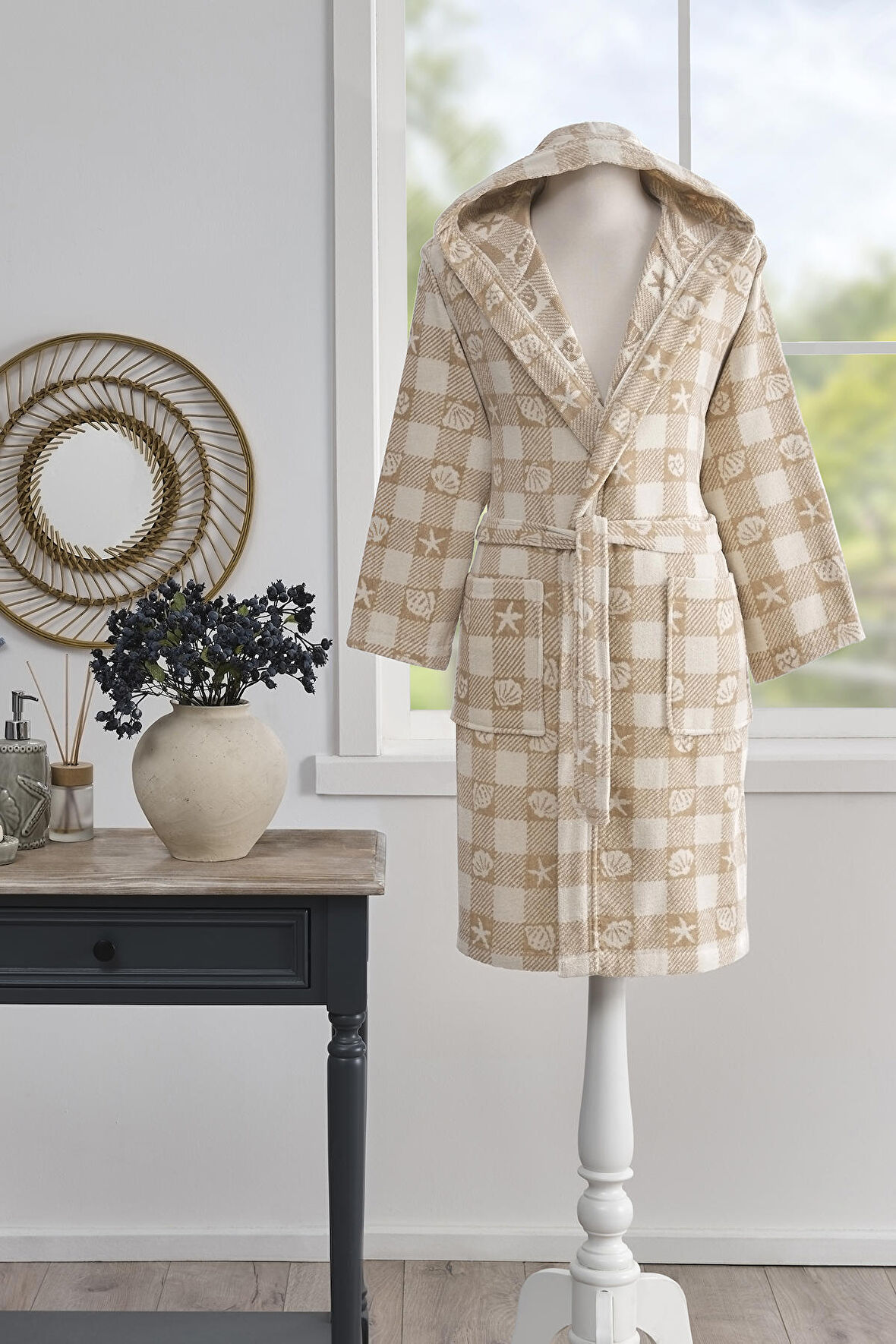 Özdilek Shell Plaid Kadife Şal Yaka Bornoz