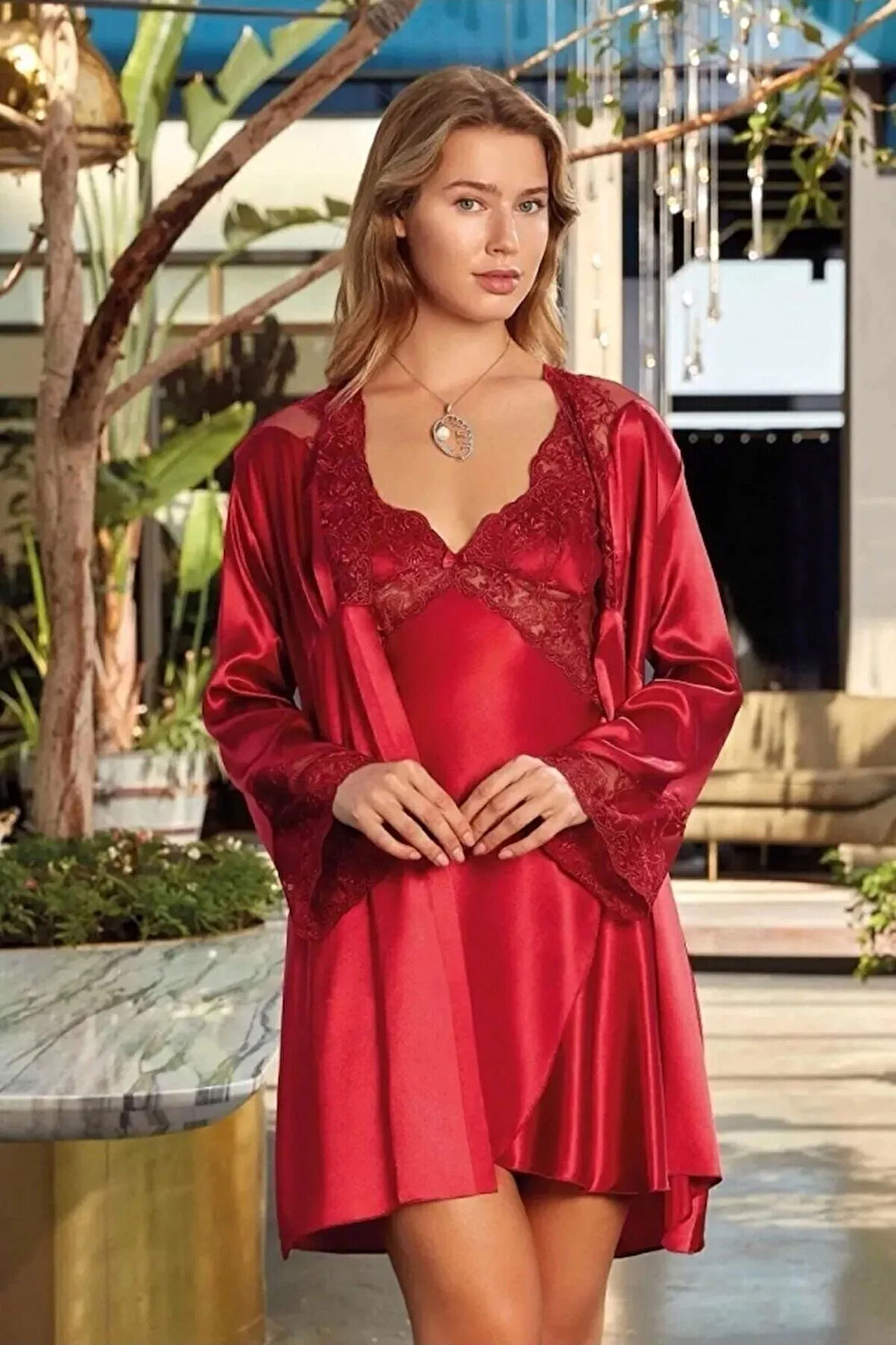 Kadın Bordo Saten Kimono Takım Q.6N4K5RK5.T.K.S