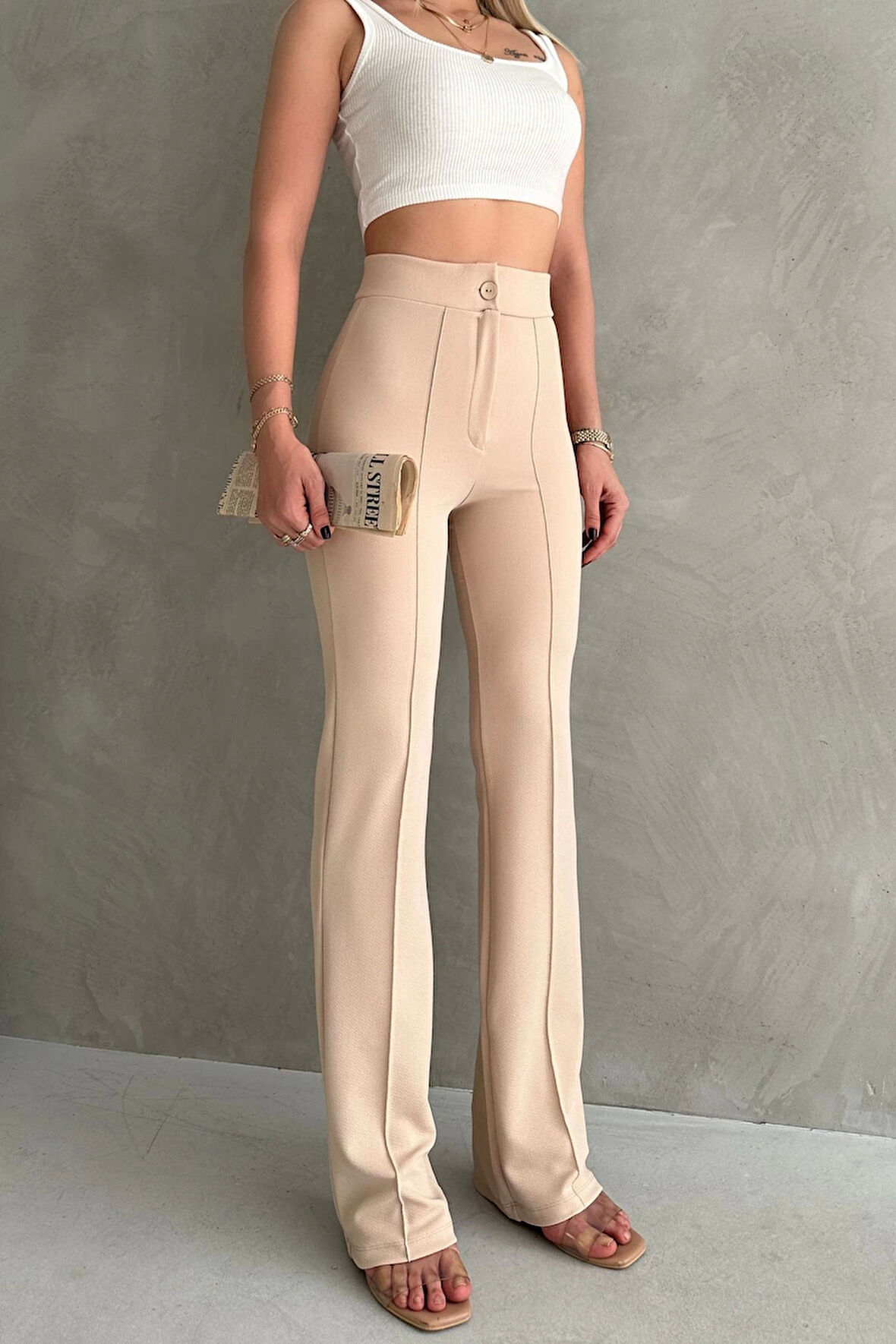 Kadın Büyük Beden Krep Kumaş Likralı Ön Çimalı İspanyol Paça Pantolon