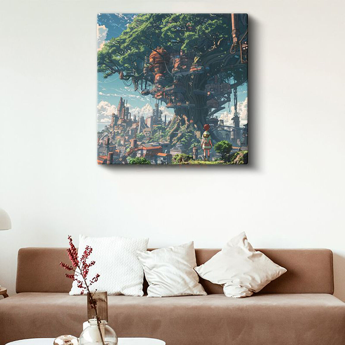 Devasa Ağaç Şehri - Mavi Gökyüzü Anime Kanvas Tablo
