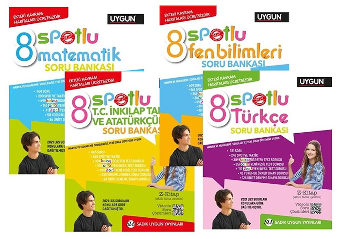 Sadık Uygun 8.Sınıf Türkçe Matematik Fen İnkılap Tarihi Spotlu Soru Bankası 4 Kitap