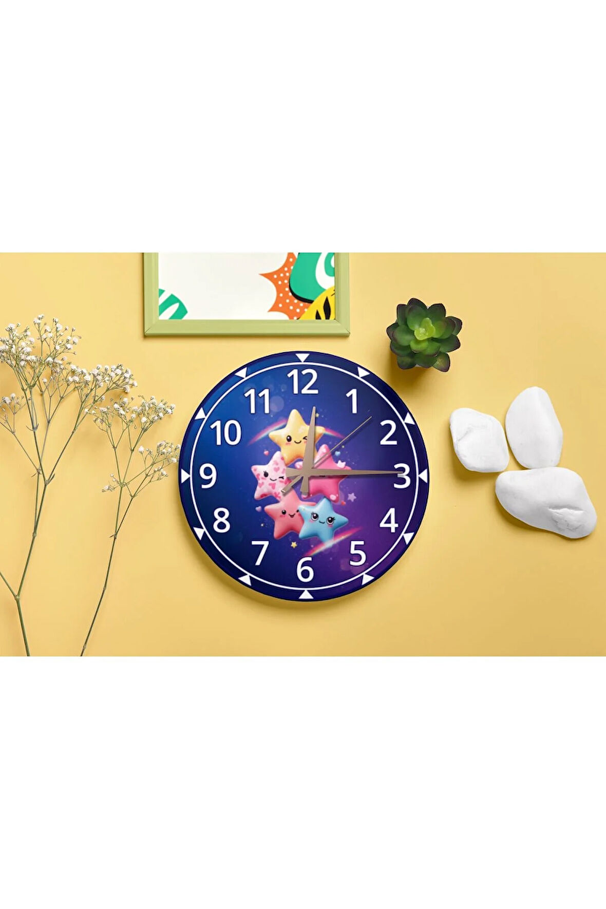 Sevimli Renkli Yıldızlar Desenli Sessiz Mekanizma Duvar Saati – Çocuk Odası Dekoratif