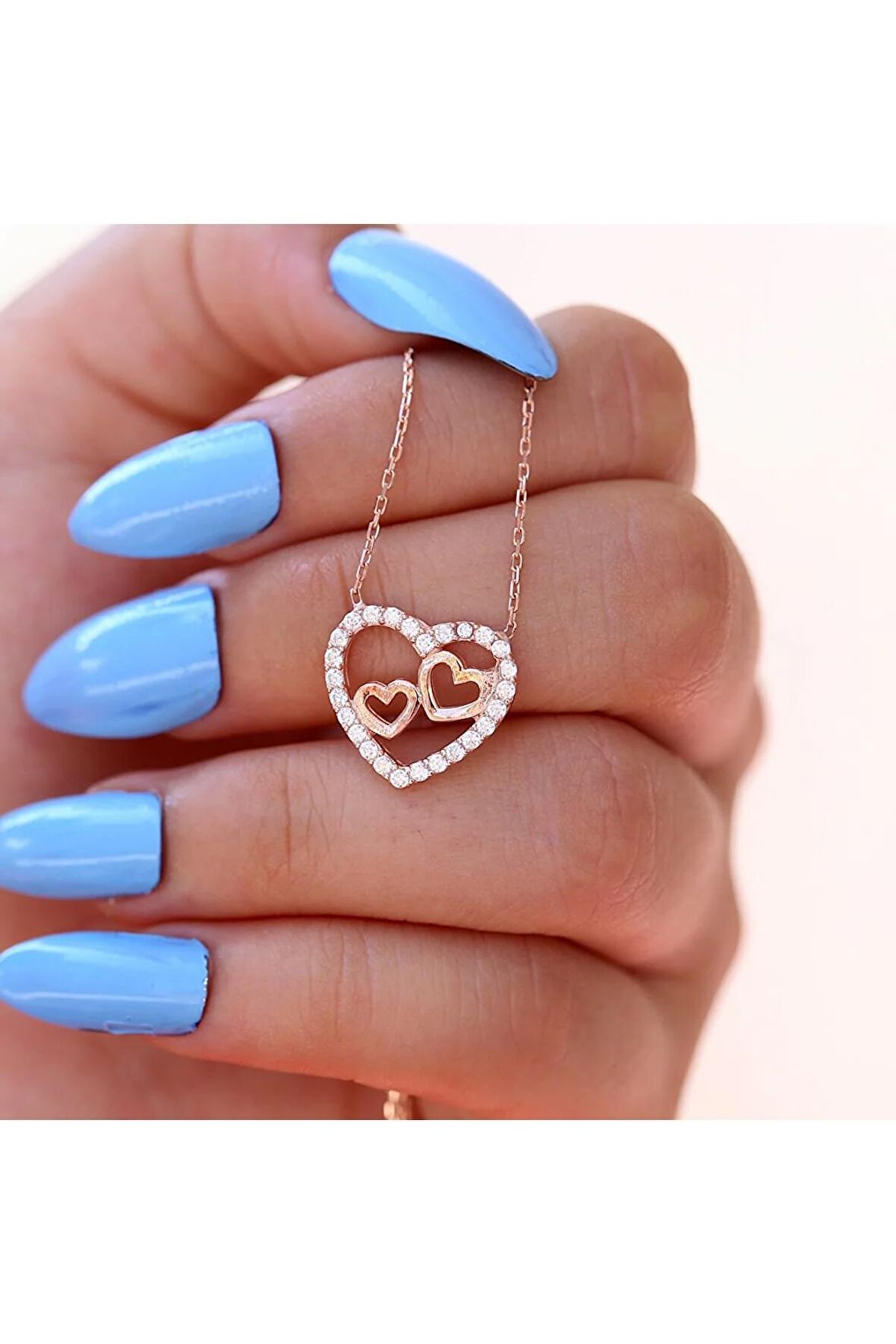 Beyaz Zirkon Taşlı 2 Li Küçük Kalp Gümüş Kolye