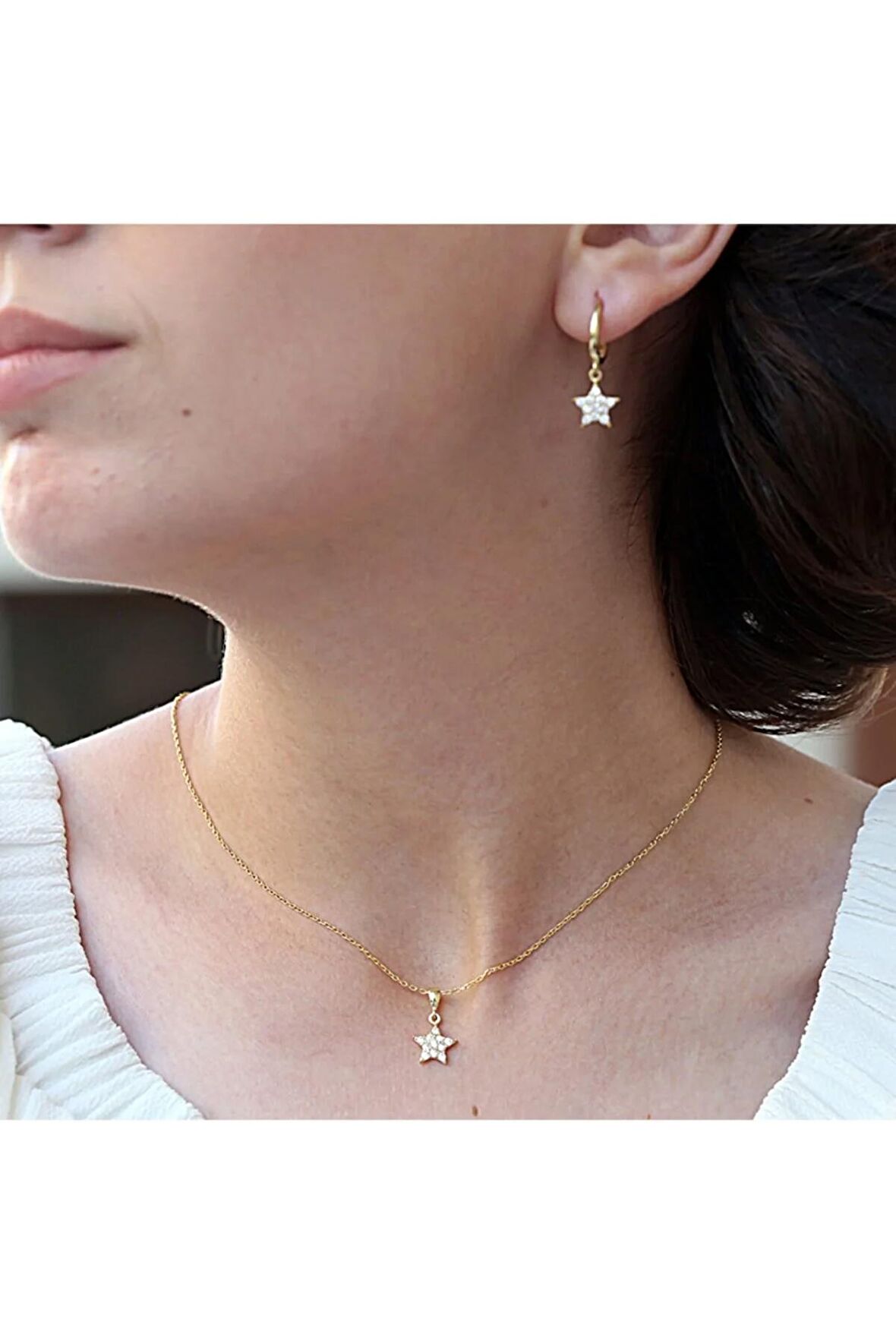 Beyaz Taşlı Minimal Yıldız Gümüş Kolye Küpe Takım