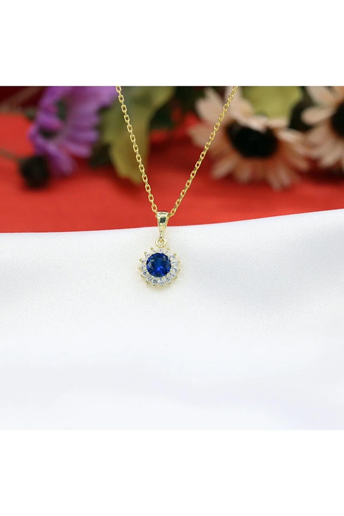 Lacivert Beyaz Taşlı Minimal Anturaj Yuvarlak Gümüş Kolye