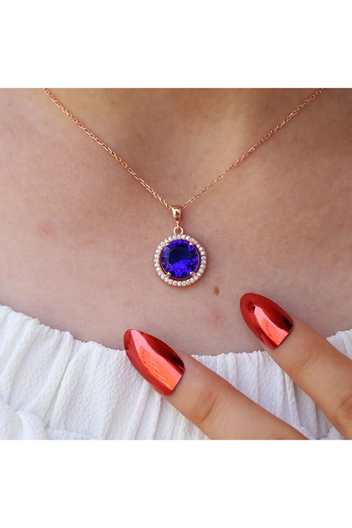 Lacivert Beyaz Zirkon Taşlı Yuvarlak Gümüş Kolye