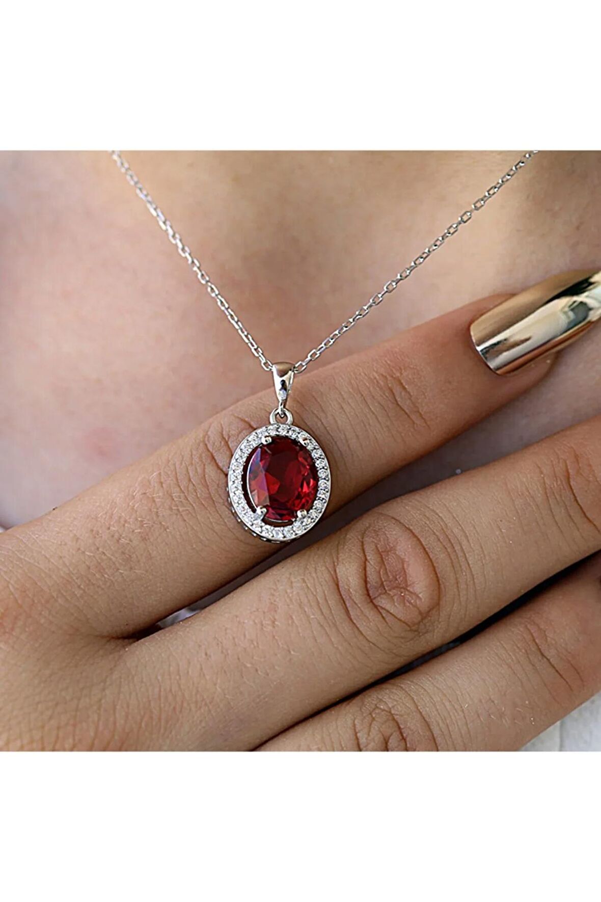 Kırmızı Beyaz Zirkon Oval Taşlı Gümüş Kolye