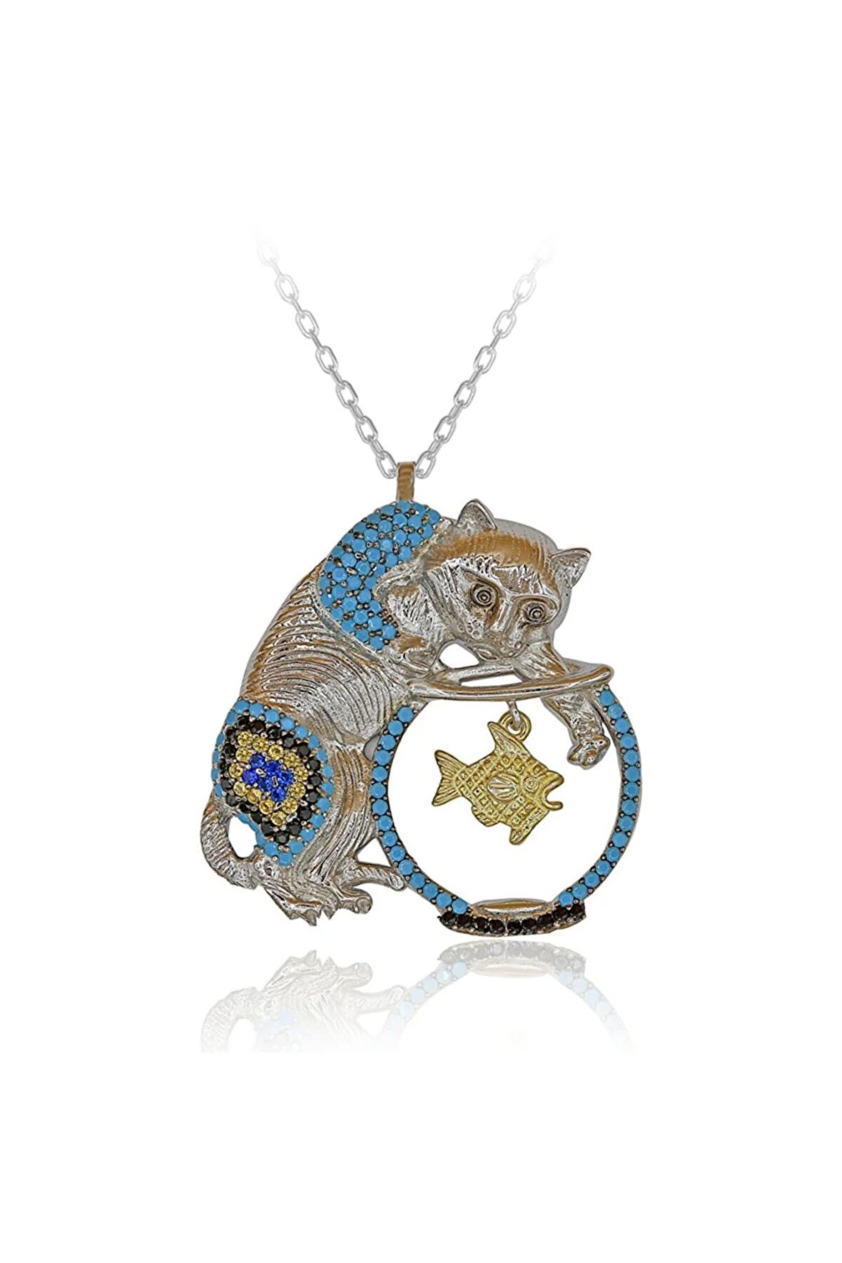 Kadın Turkuaz Taşlı Nazar Boncuklu Akvaryumda Balık Yakalayan Büyük Kedi 925 Ayar Gümüş Kolye