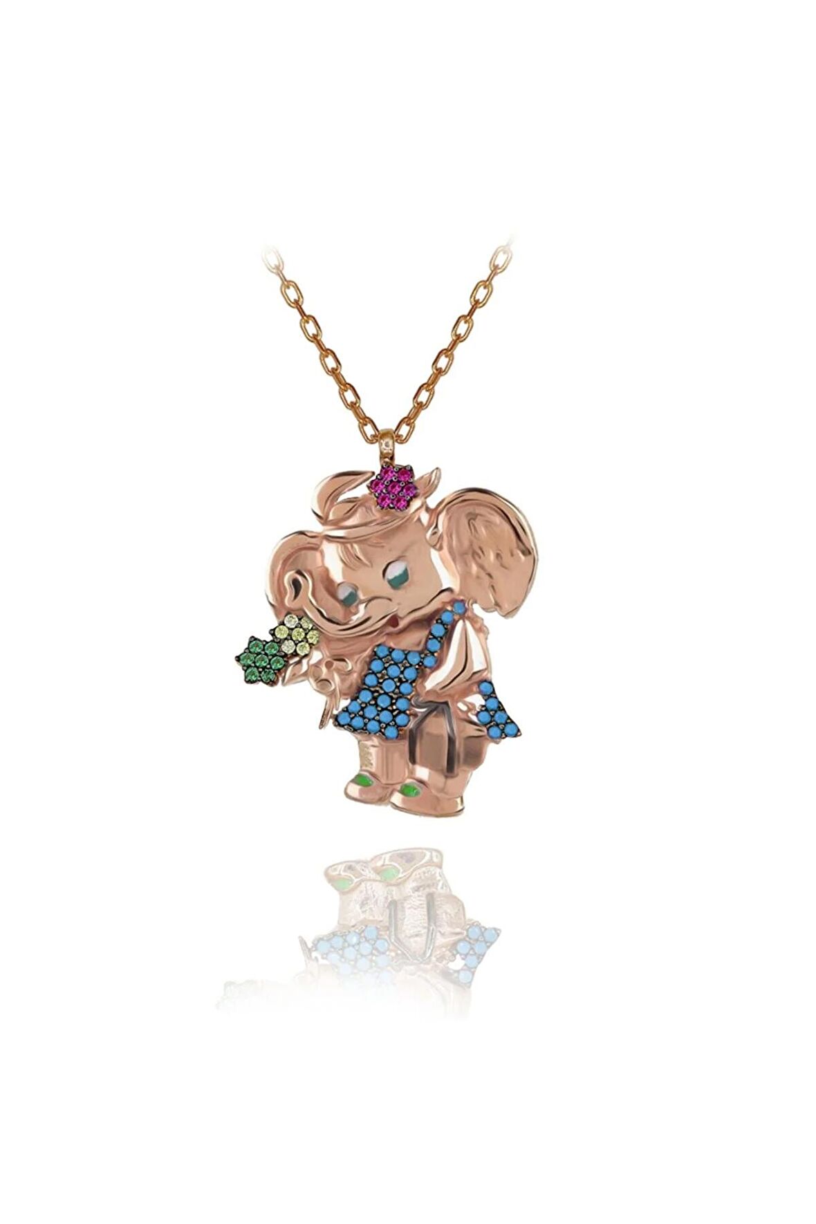 Kadın Rose Turkuaz Taşlı Sevimli Fil Kolye 925 Ayar Gümüş Kolye