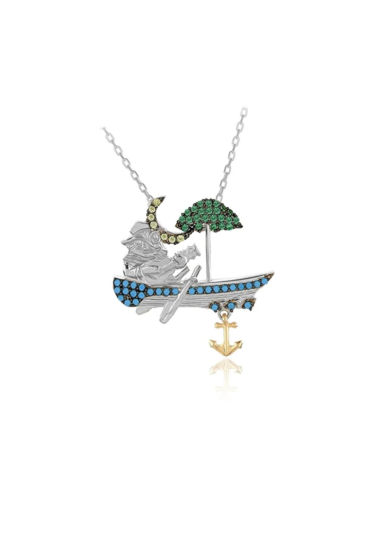 Kadın Beyaz Sandalda Gitar Çalan Baykuş 925 Ayar Gümüş Kolye