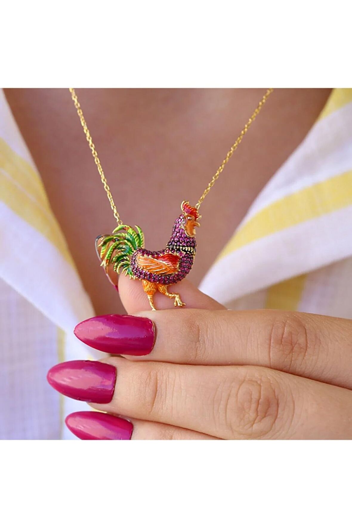 Kadın Altın Fuşya Taşlı Mineli Rengarenk Horoz 925 Ayar Gümüş Kolye