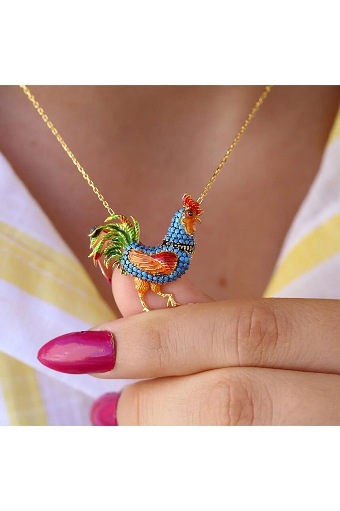 Kadın Altın Turkuaz Taşlı Mineli Rengarenk Horoz  925 Ayar Gümüş Kolye