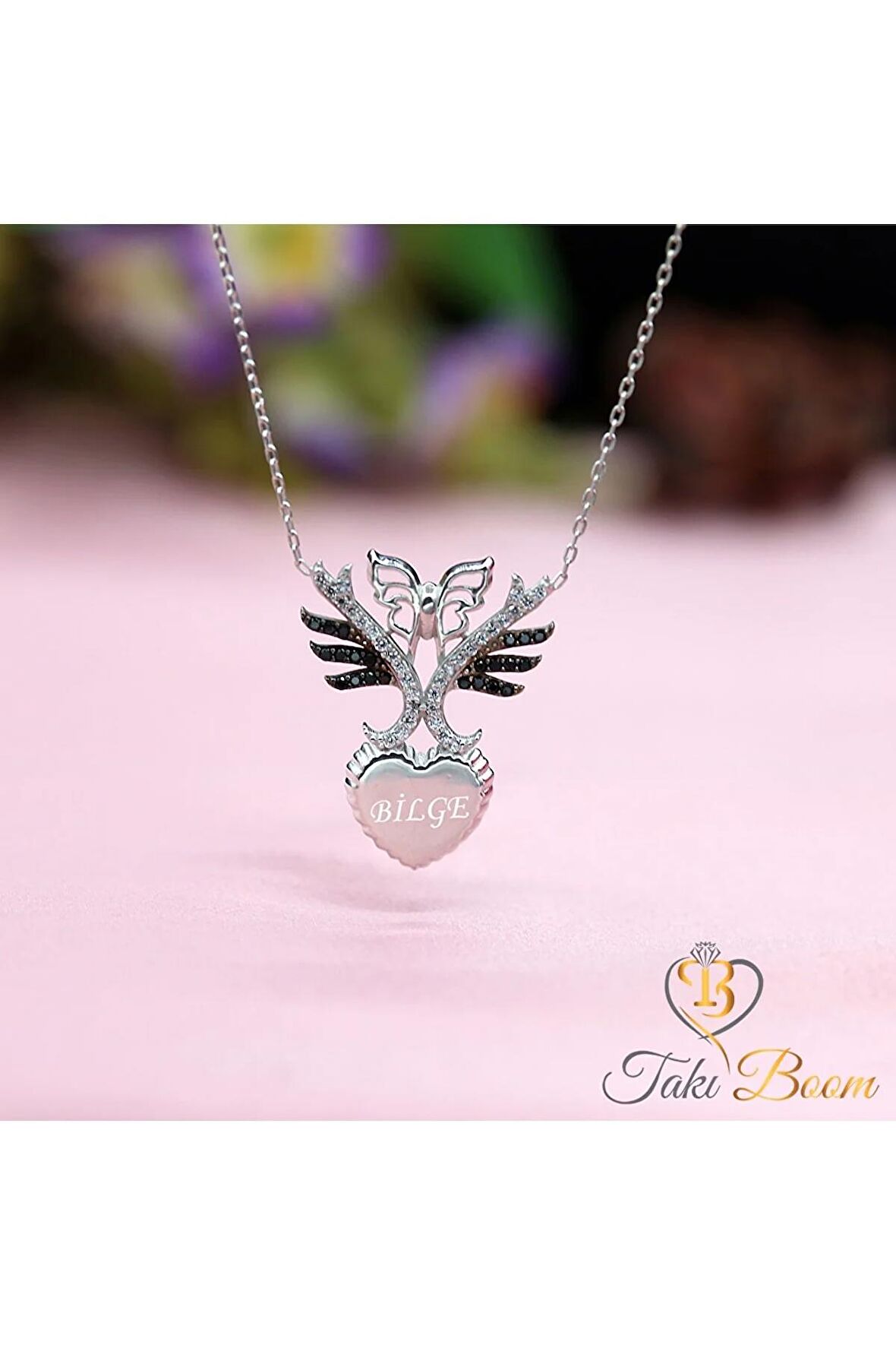 Isimli Kalpli Kelebek Kolye 925 Ayar Gümüş