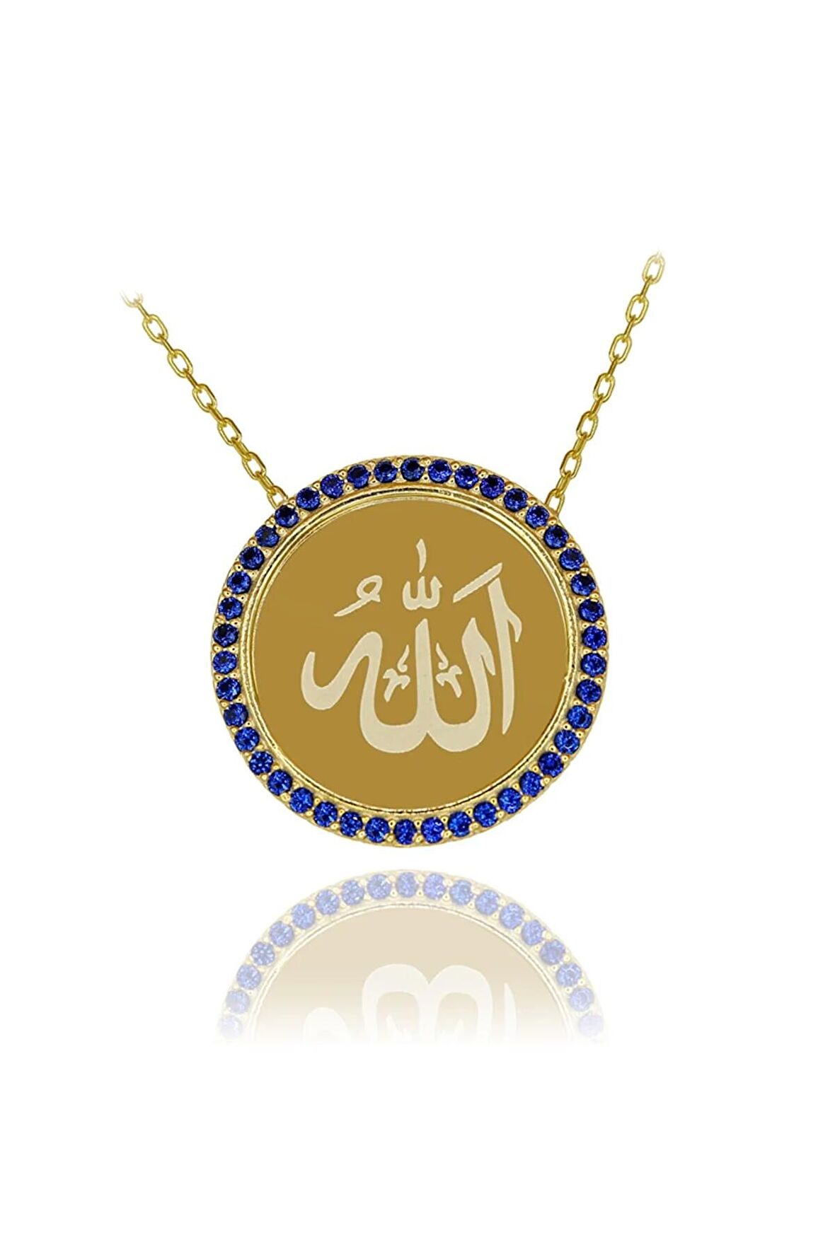 Kadın Altın Yuvarlak Safir Taşlı Allah Yazılı 925 Ayar Gümüş Kolye