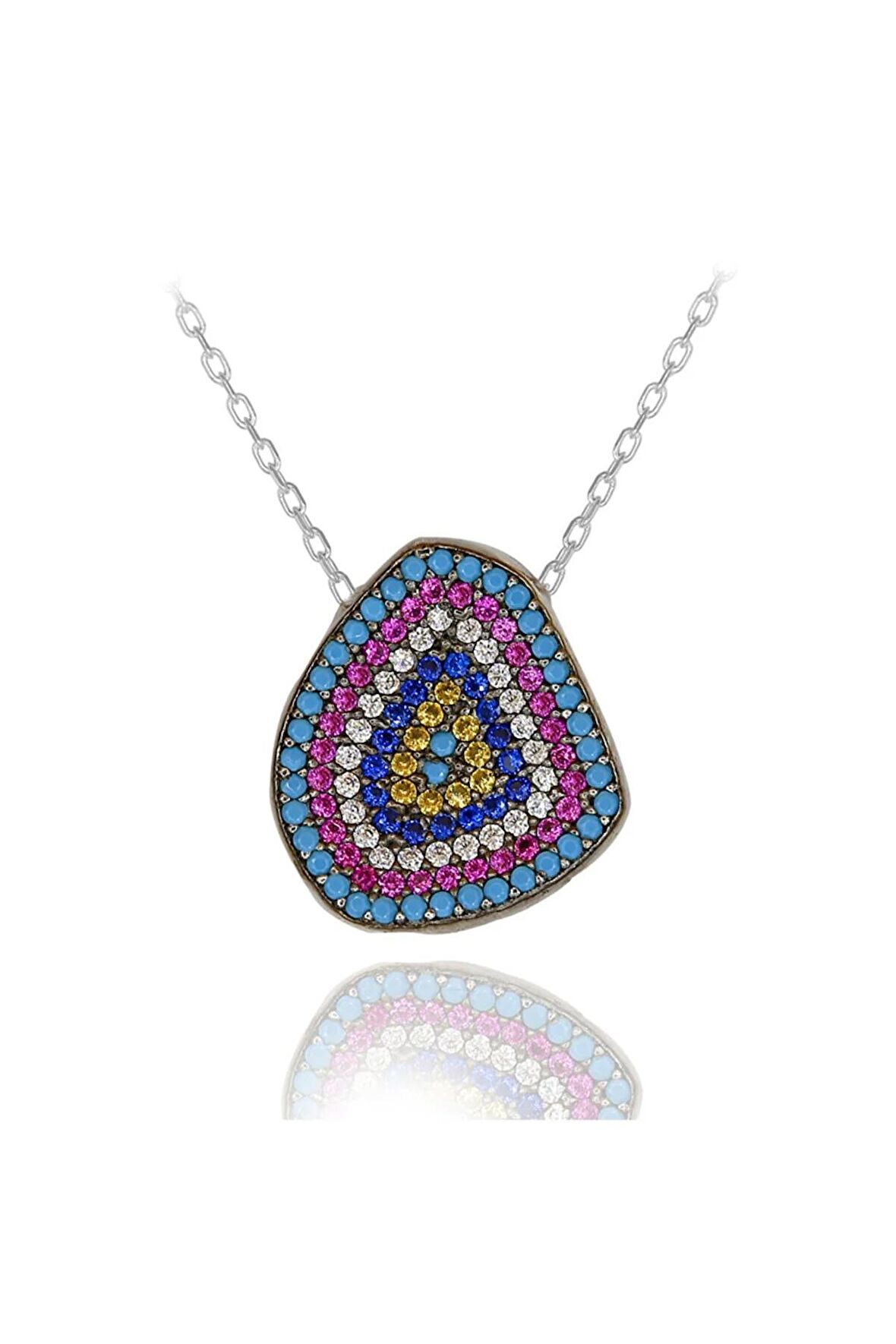 Kadın Fuşya Taşlı Nazar Boncuklu Asimetrik 925 Ayar Gümüş Kolye