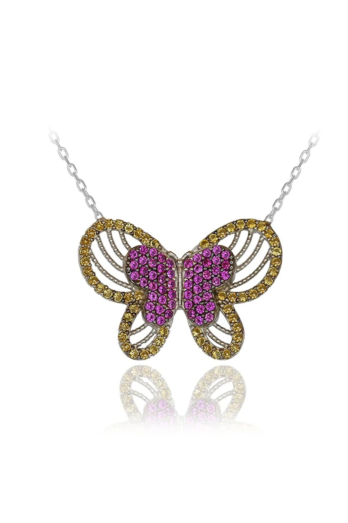 Kadın Sarı Pembe Taşlı Kelebek 925 Ayar Gümüş Kolye