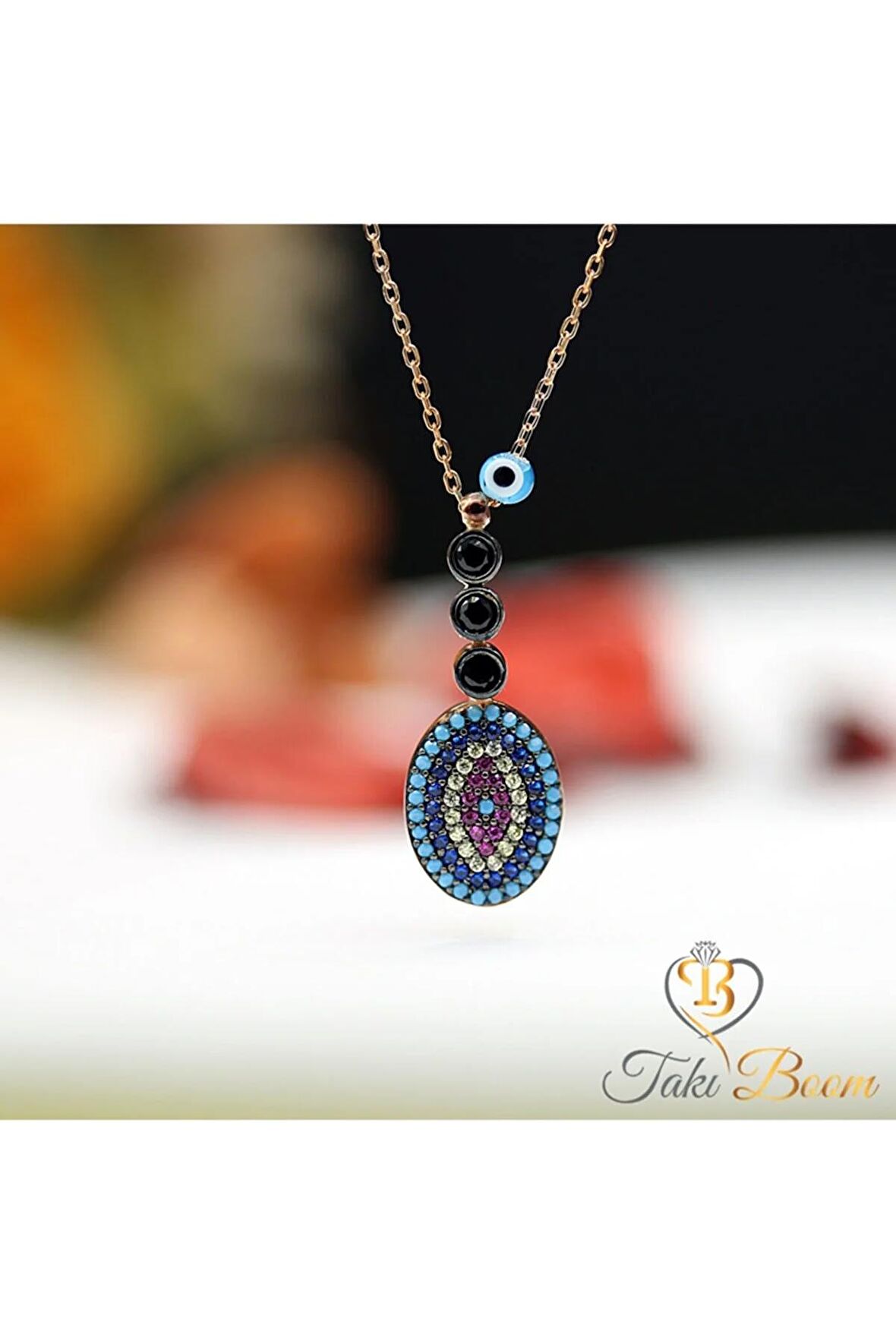 Kadın Rose Nazar Boncuklu Oval 925 Ayar Gümüş Kolye