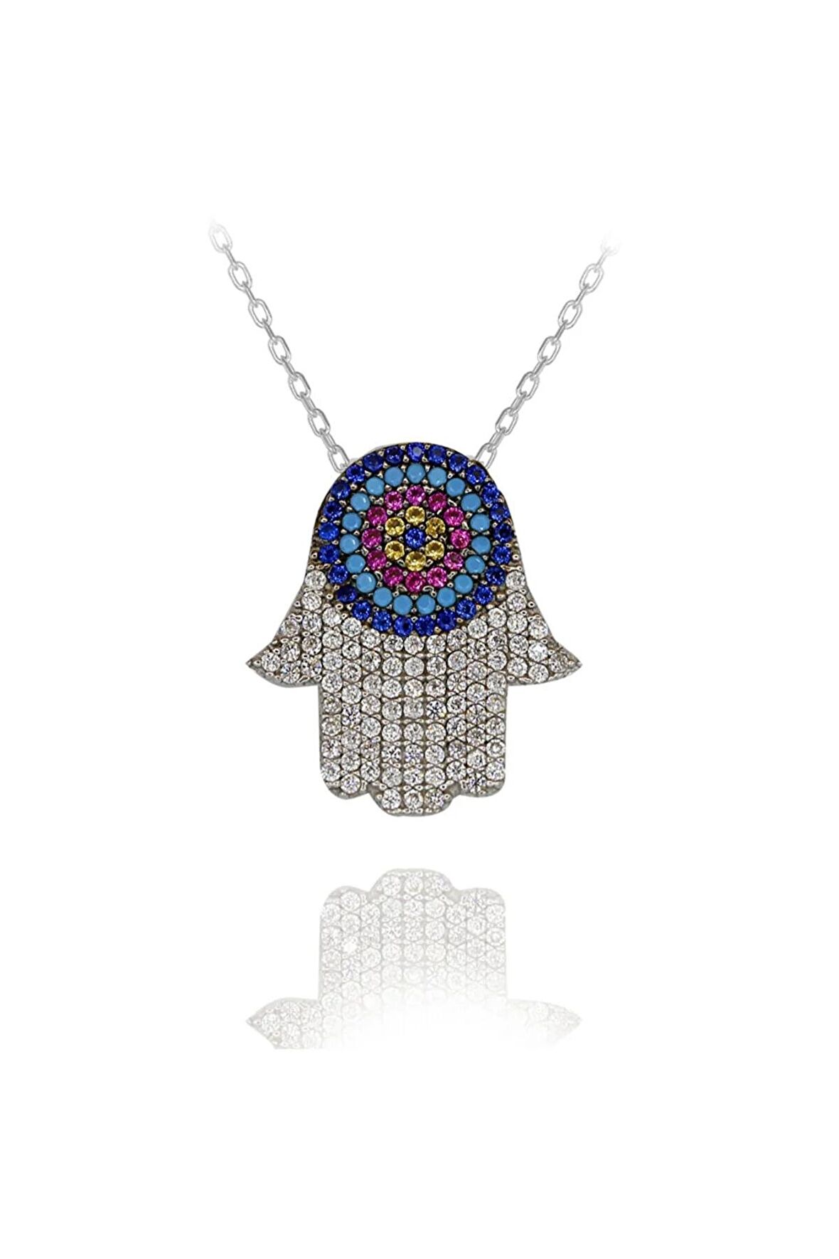 Kadın Beyaz Nazar Boncuklu Taşlı Fatma Eli 925 Ayar Gümüş Kolye