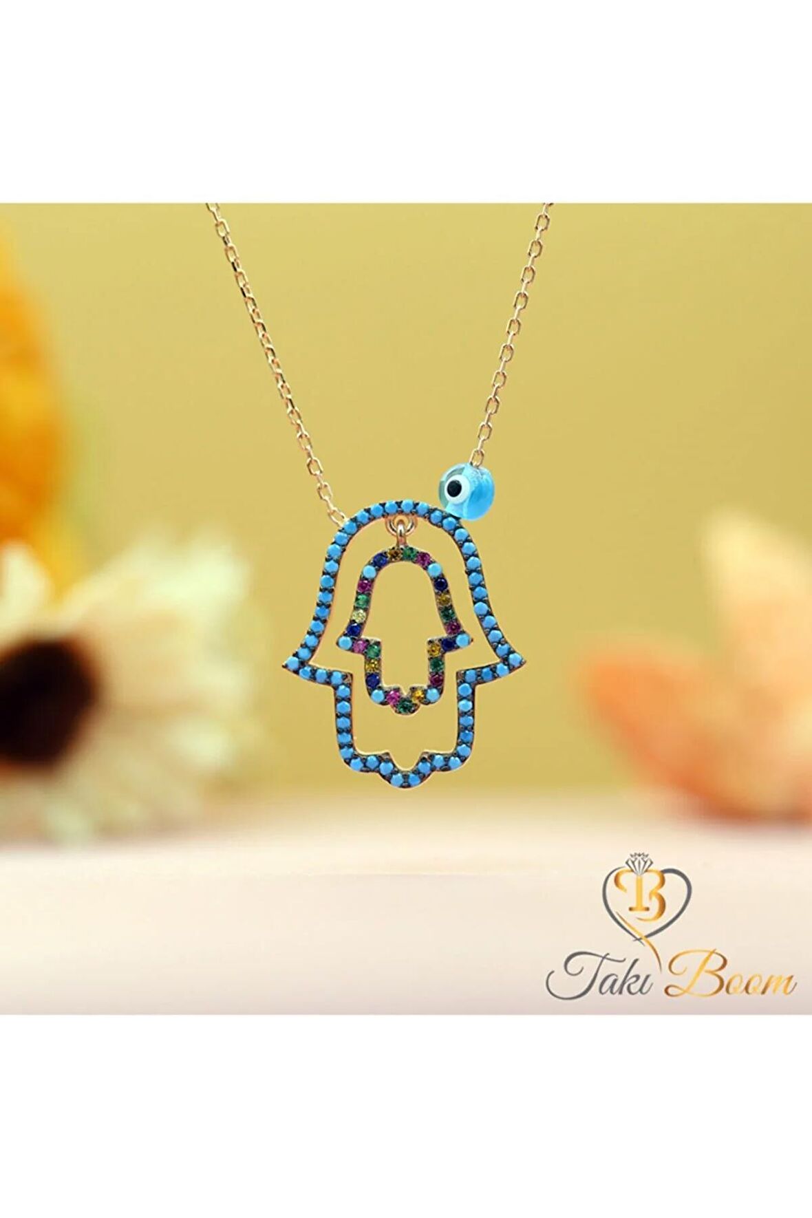 Kadın Rose Turkuaz Taşlı Rengarenk Nazar Boncuklu Fatma Eli 925 Ayar Gümüş Kolye