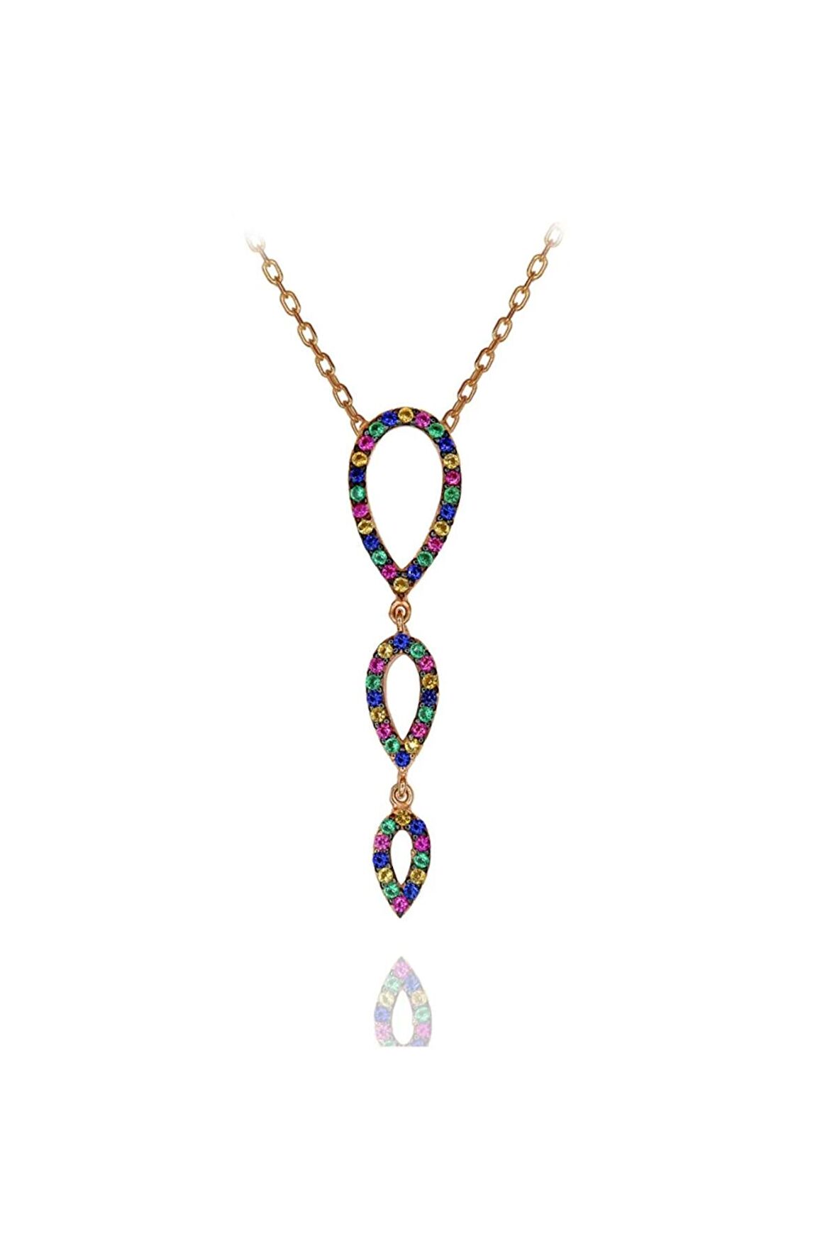 Kadın Rose Rengarenk Taşlı Sallantılı Damla 925 Ayar Gümüş Kolye