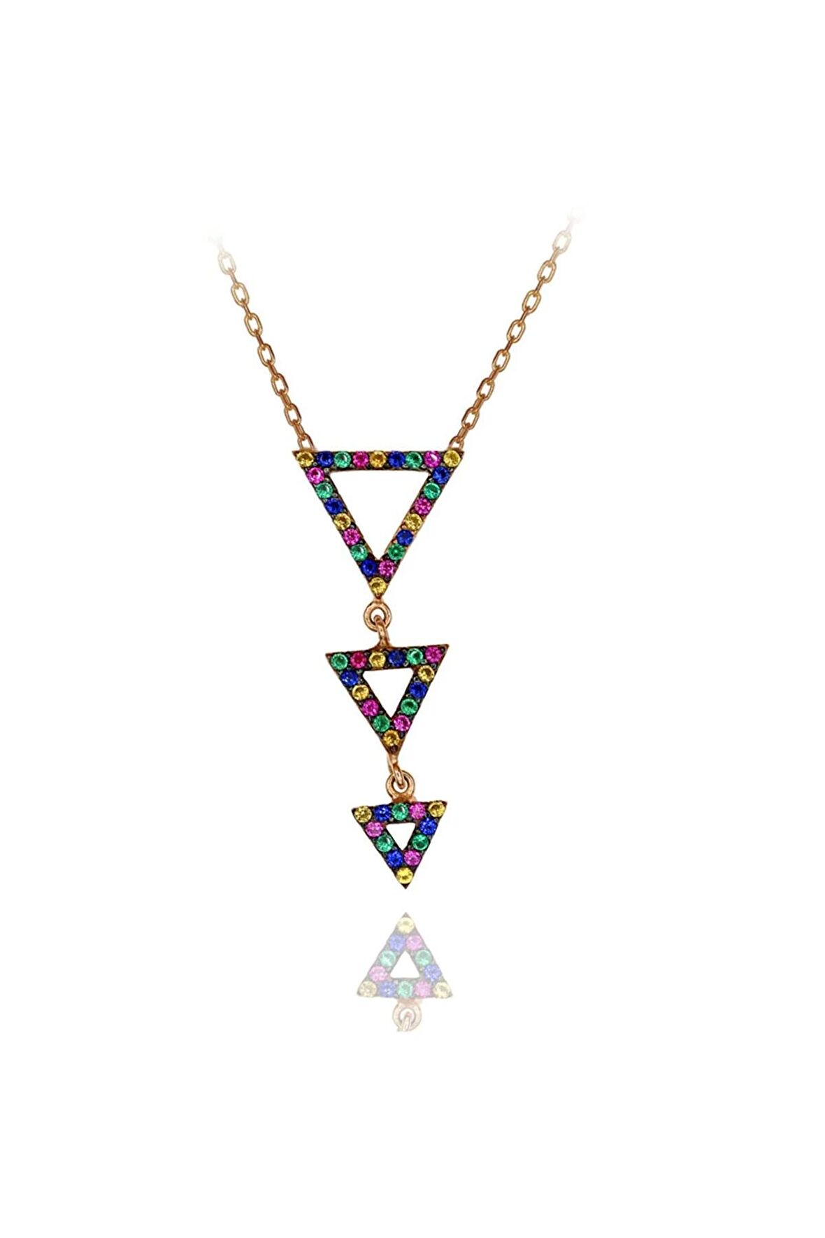 Kadın Rengarenk Taşlı Sallantılı Üçgen  925 Ayar Gümüş Kolye