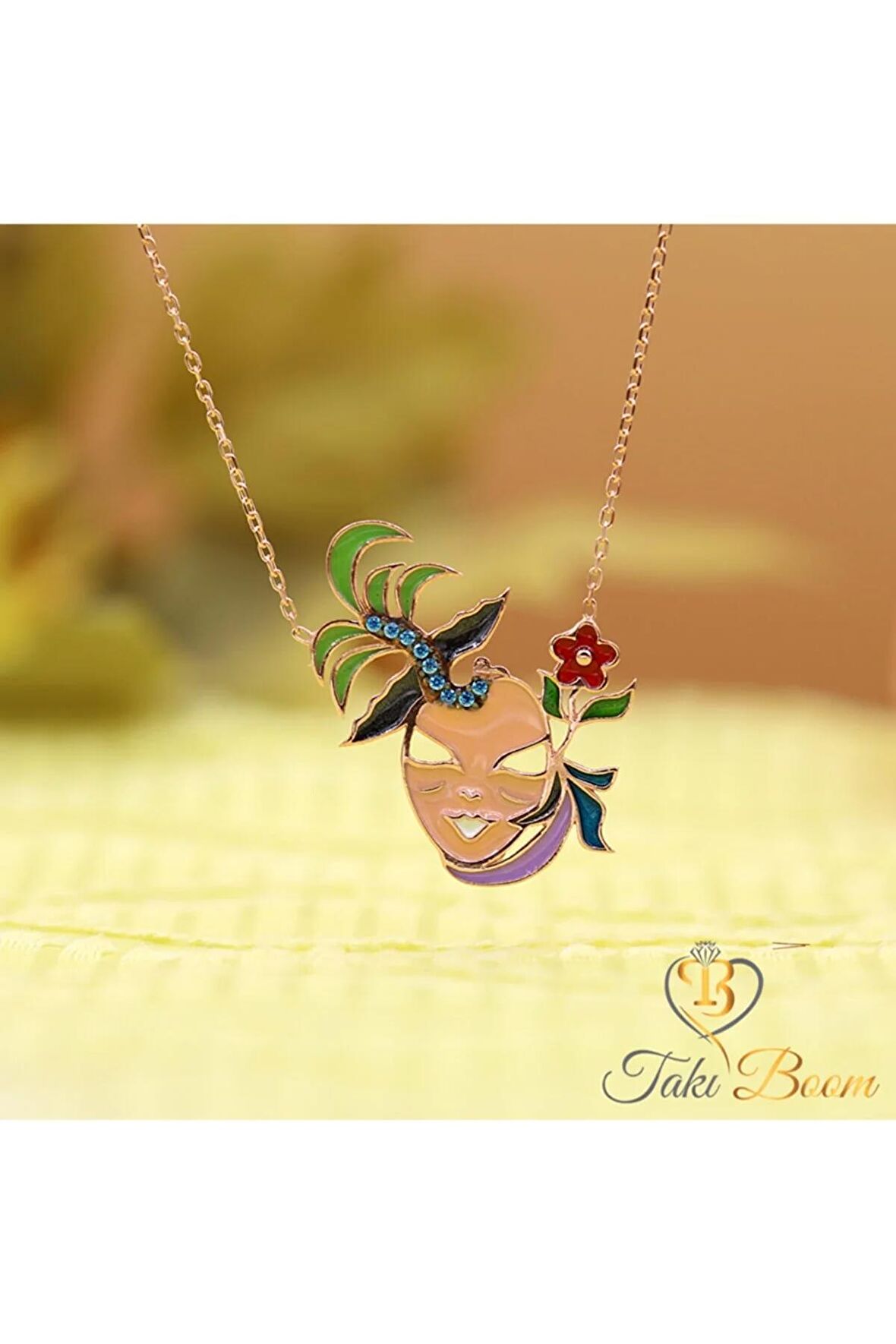 Kadın Rose Akua Taşlı Çiçekli Maske 925 Ayar Gümüş Kolye