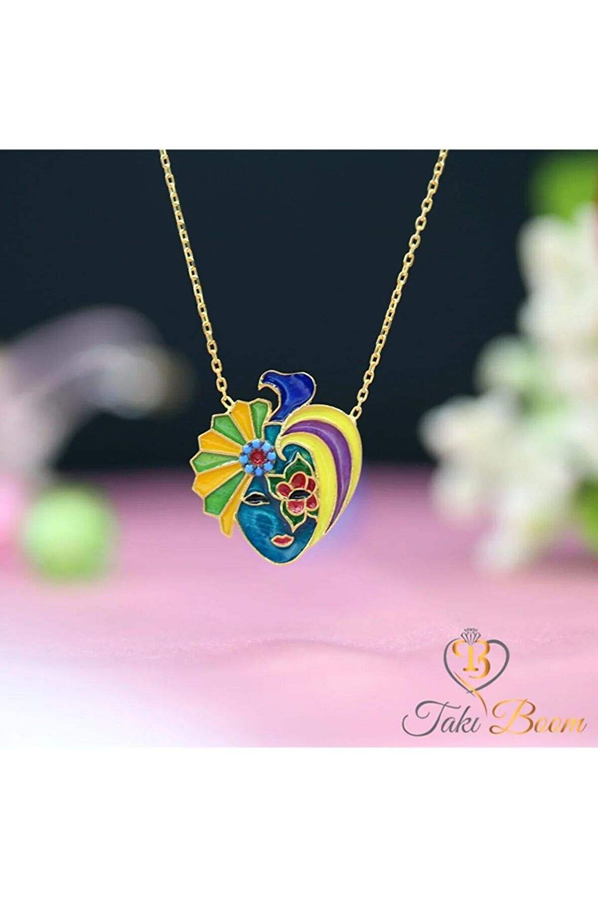 Kadın Altın Turkuaz Taşlı Gökkuşağı Maske 925 Ayar Gümüş Kolye