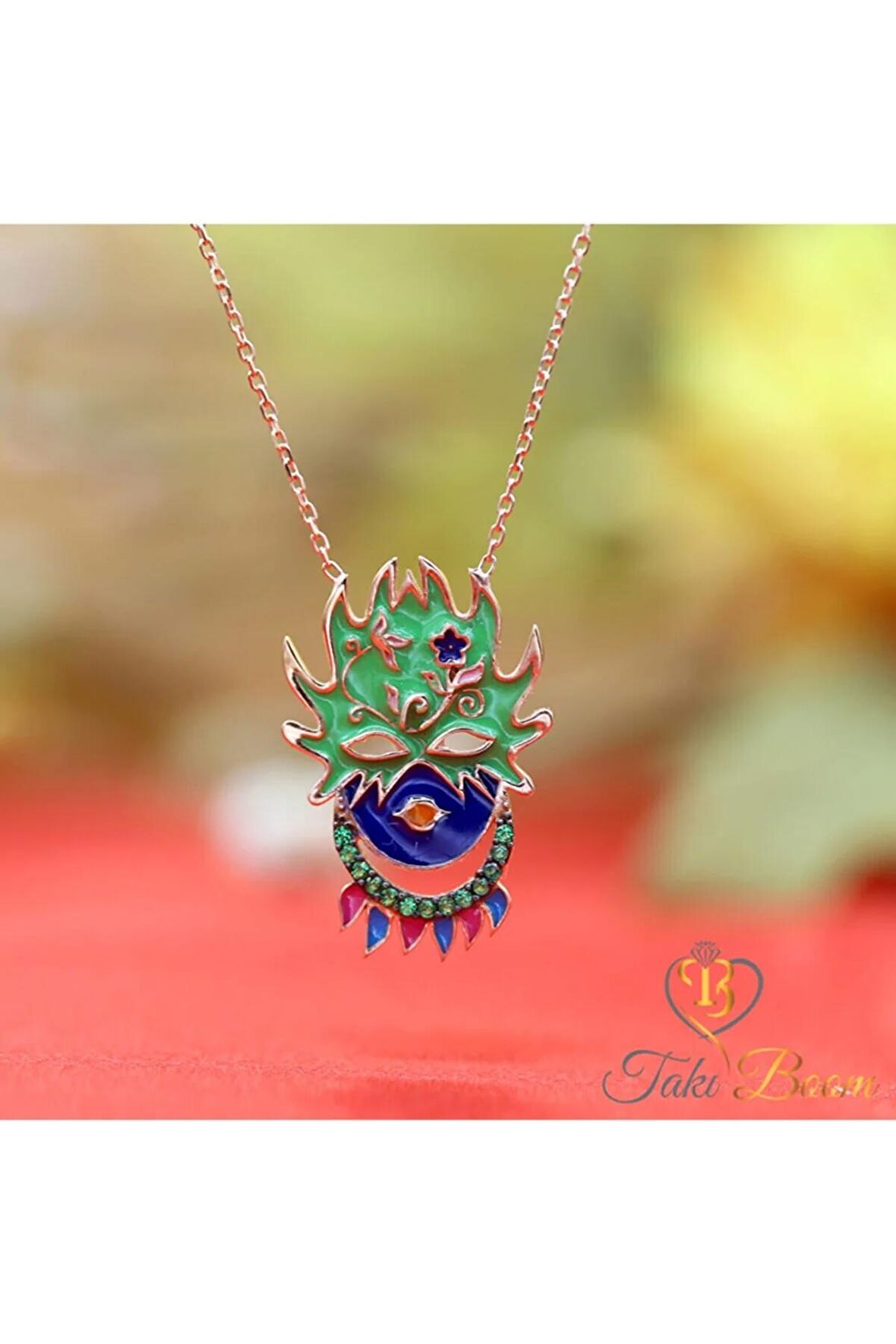Kadın Rose Yeşil Taşlı Ateş Maske 925 Ayar Gümüş Kolye