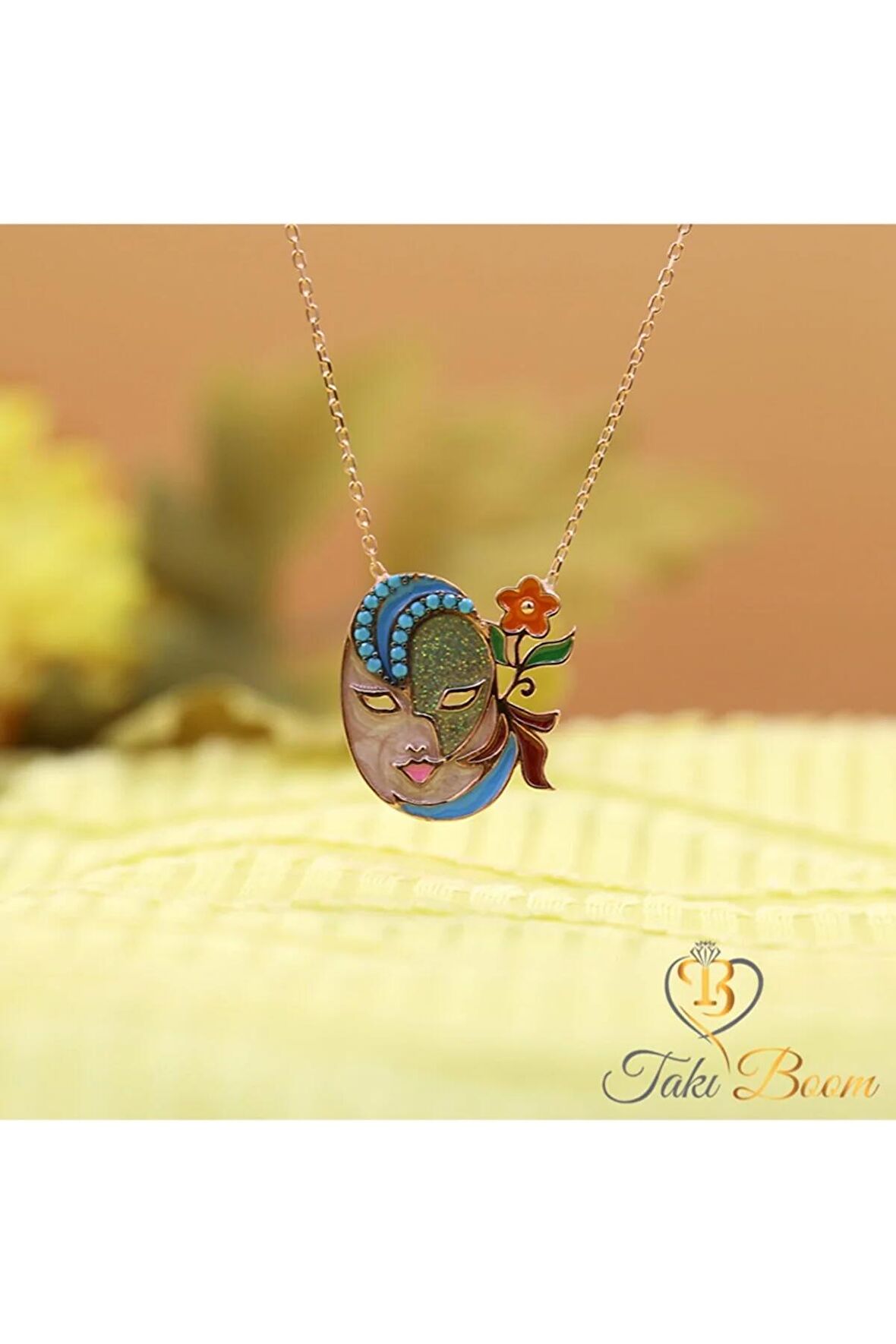 Kadın Rose Turkuaz Taşlı Papatyalı Maske 925 Ayar Gümüş Kolye