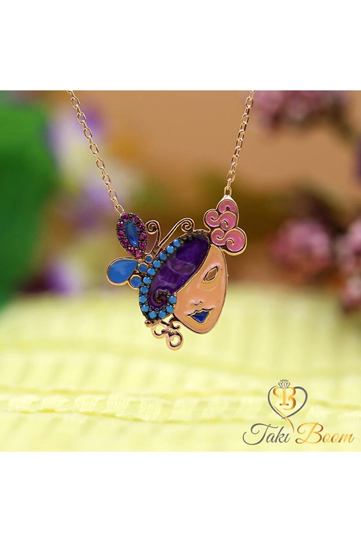 Kadın Fuşya Turkuaz Taşlı Kelebekli Maske 925 Ayar Gümüş Kolye