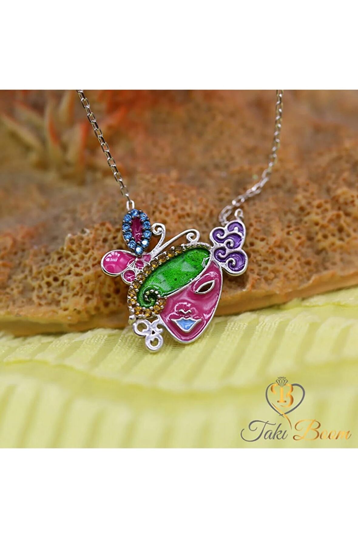 Kadın Pembe Akua Sarı Taşlı Kelebekli Maske  925 Ayar Gümüş Kolye