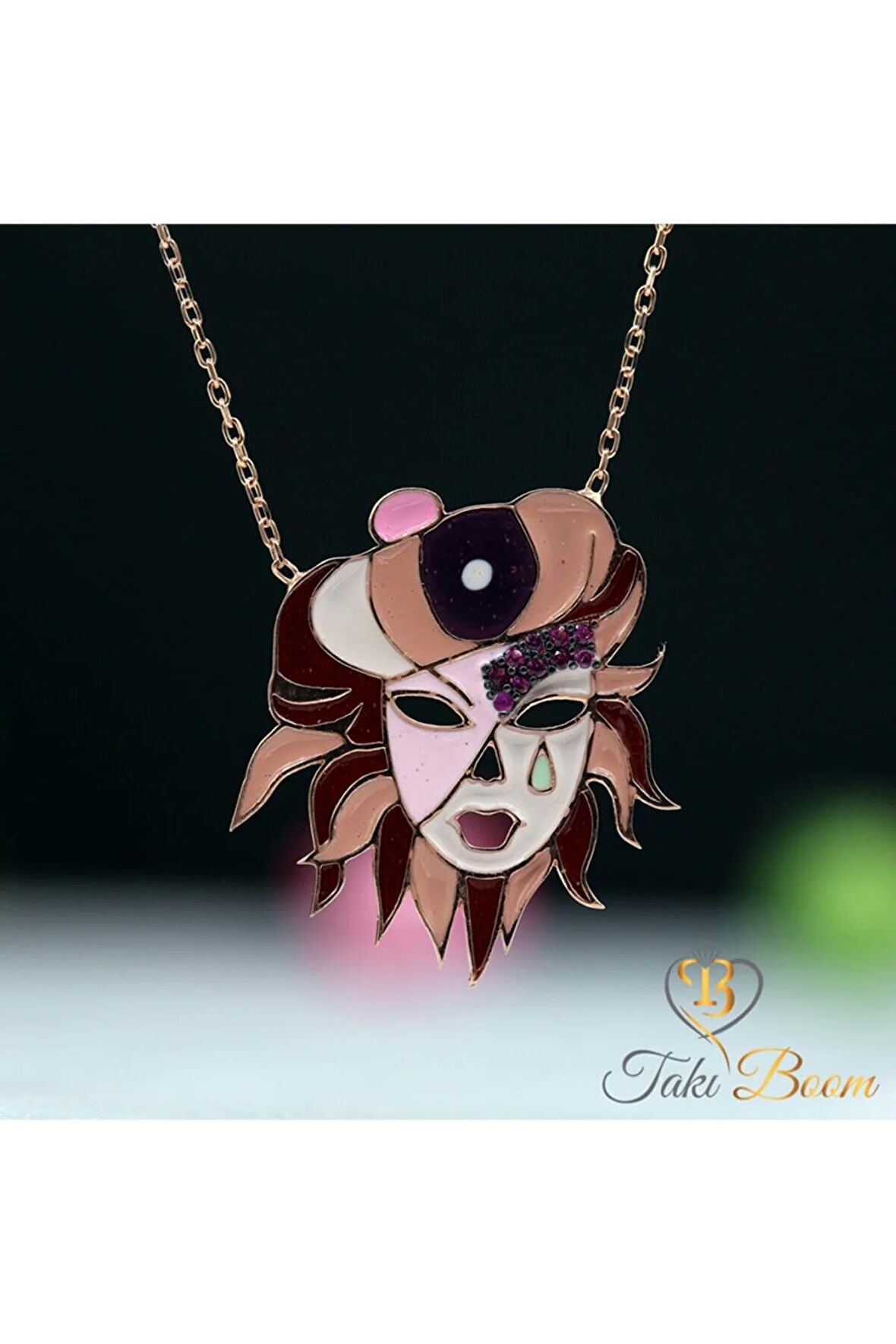 Kadın Fuşya Taşlı Kraliyet Maskesi 925 Ayar Gümüş Kolye