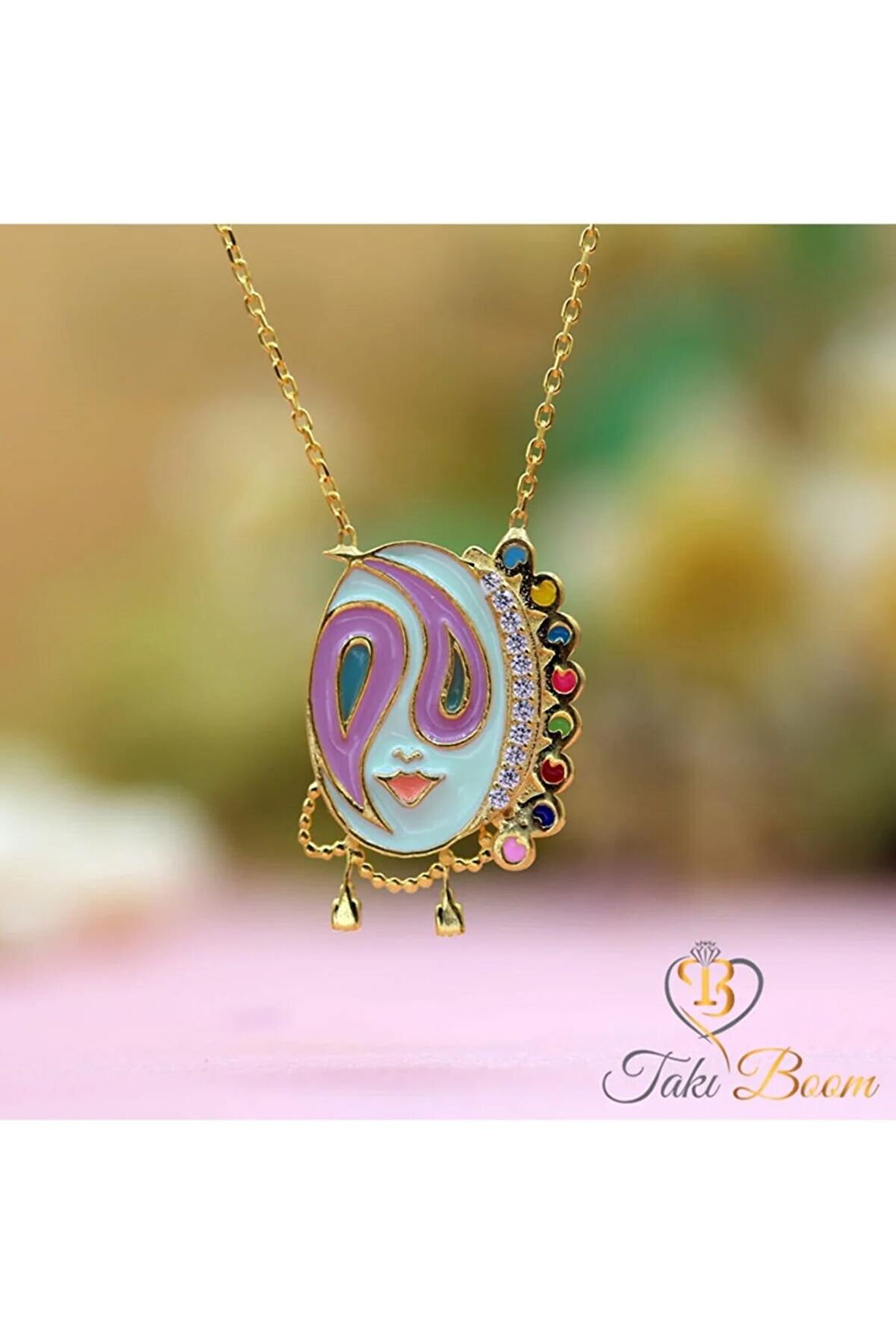 Kadın Altın Beyaz Taşlı Sallantılı Maske 925 Ayar Gümüş Kolye