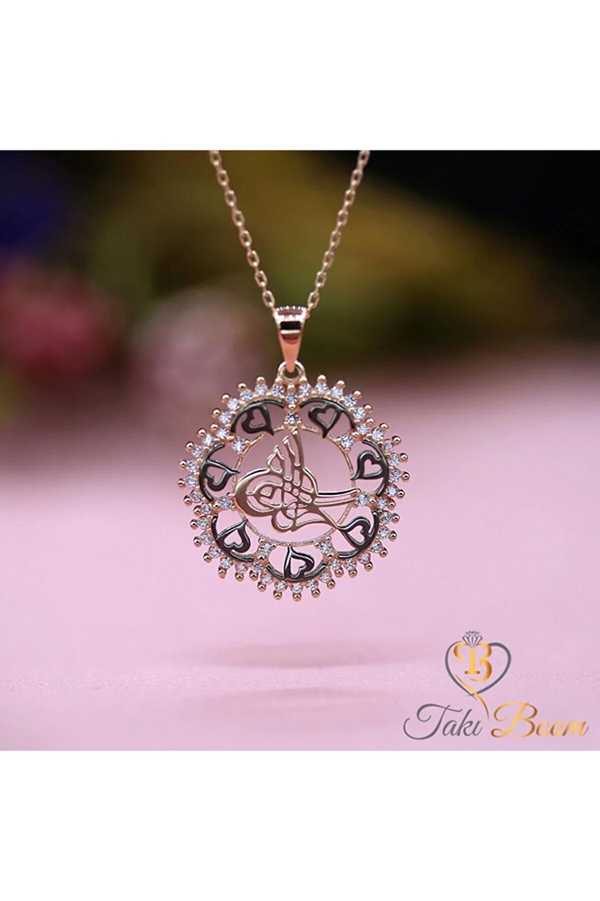 Kadın Rose Beyaz Taşlı Kalpli Tuğra 925 Ayar Gümüş Kolye