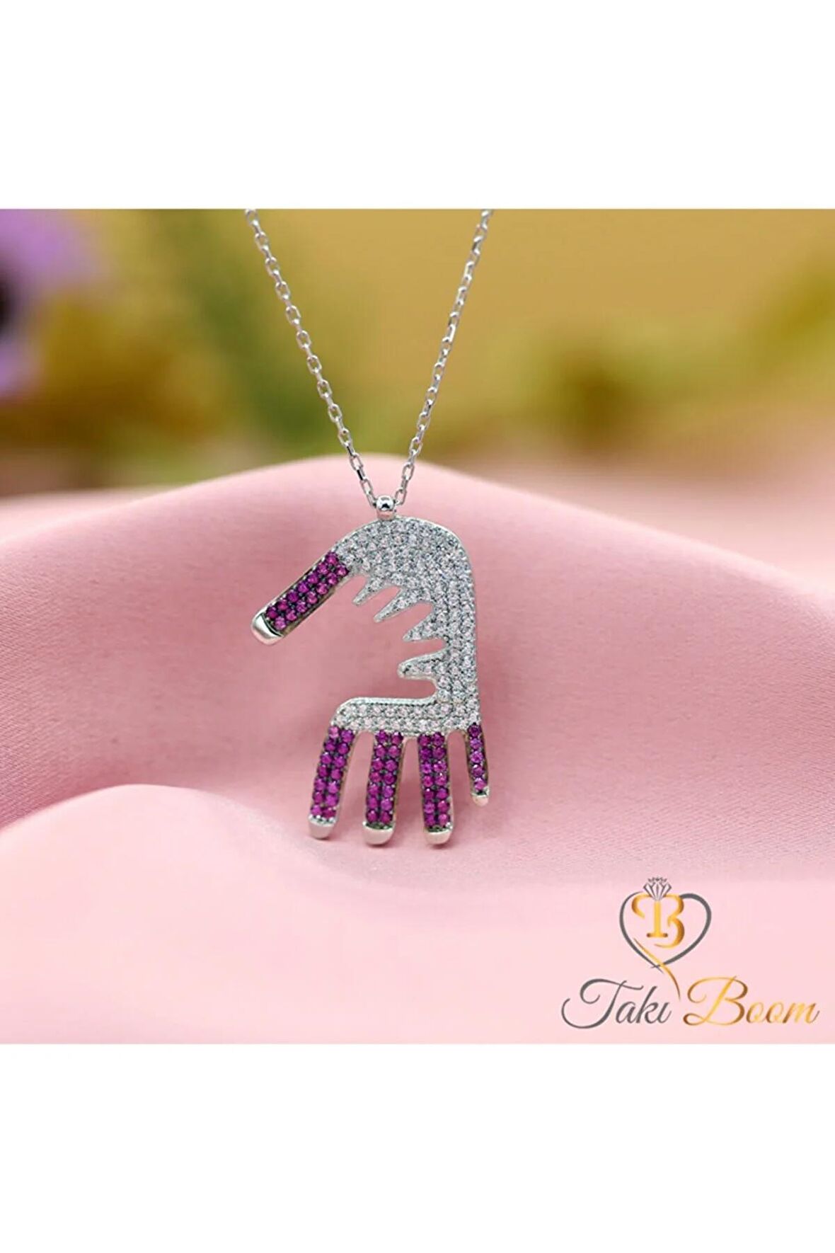 Kadın Fuşya Beyaz Taşlı Anne Ve Bebek Eli 925 Ayar Gümüş Kolye