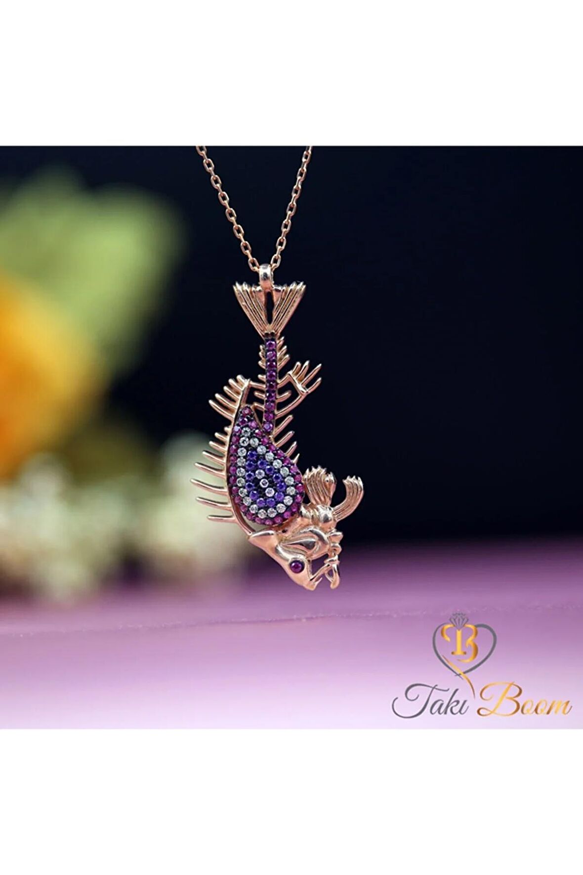 Fuşya Taşlı Nazar Boncuklu Pirana Iskeleti Kolye 925 Ayar Gümüş