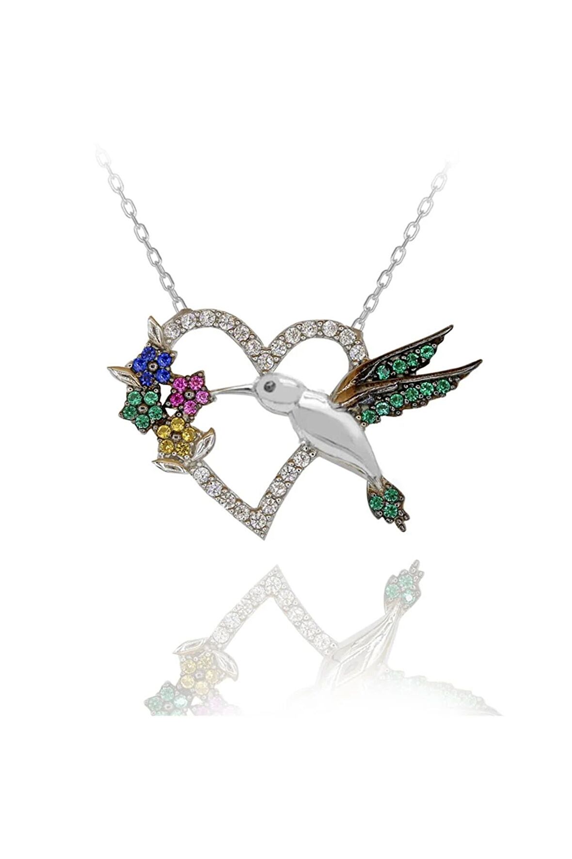 Kadın Beyaz Kalpli Arı Kuşu 925 Ayar Gümüş Kolye