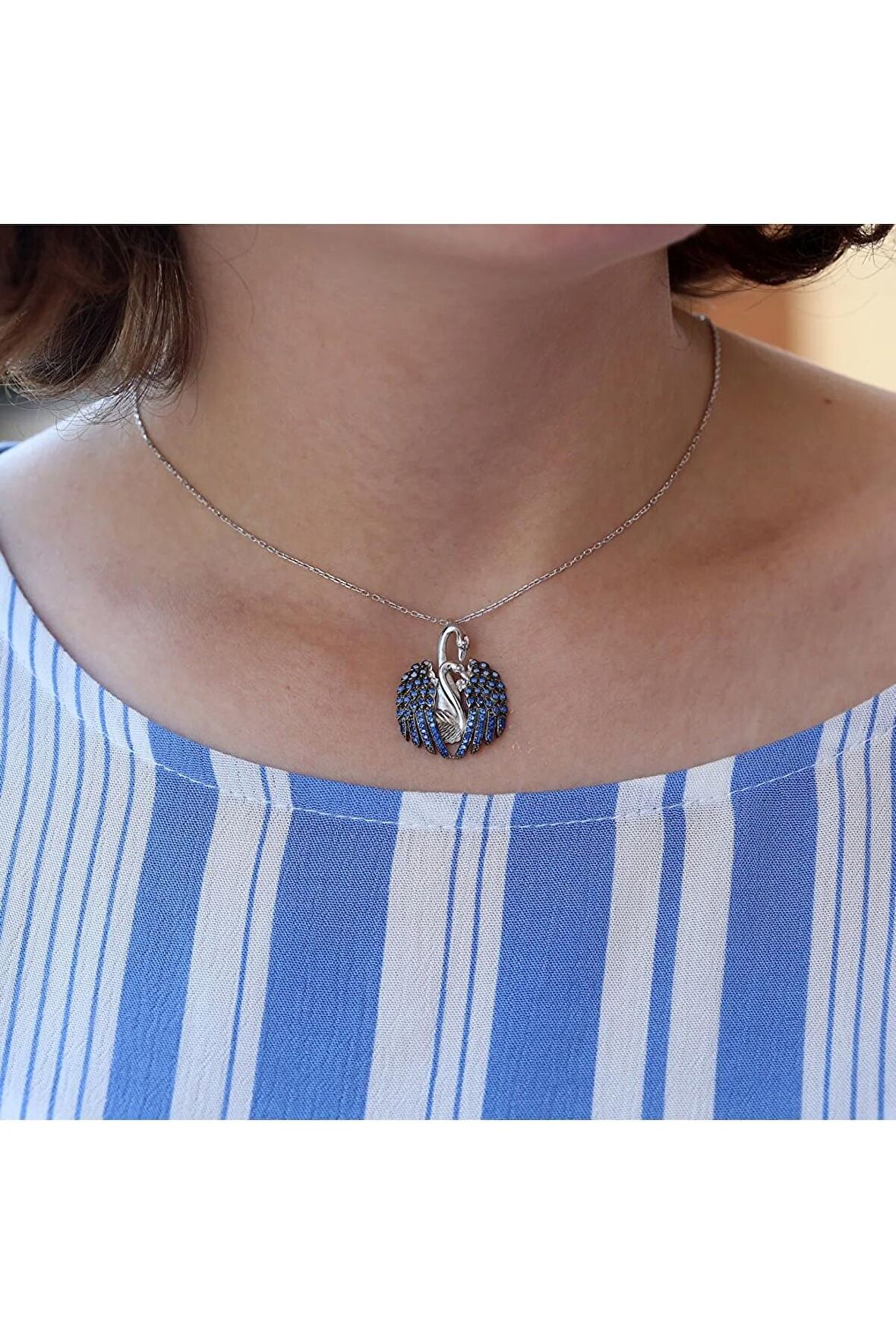 Kuğu Kolye, Kuğu Gümüş Kolye, Opal Taşlı Aşık Kuğu Kolye 925 Ayar Gümüş