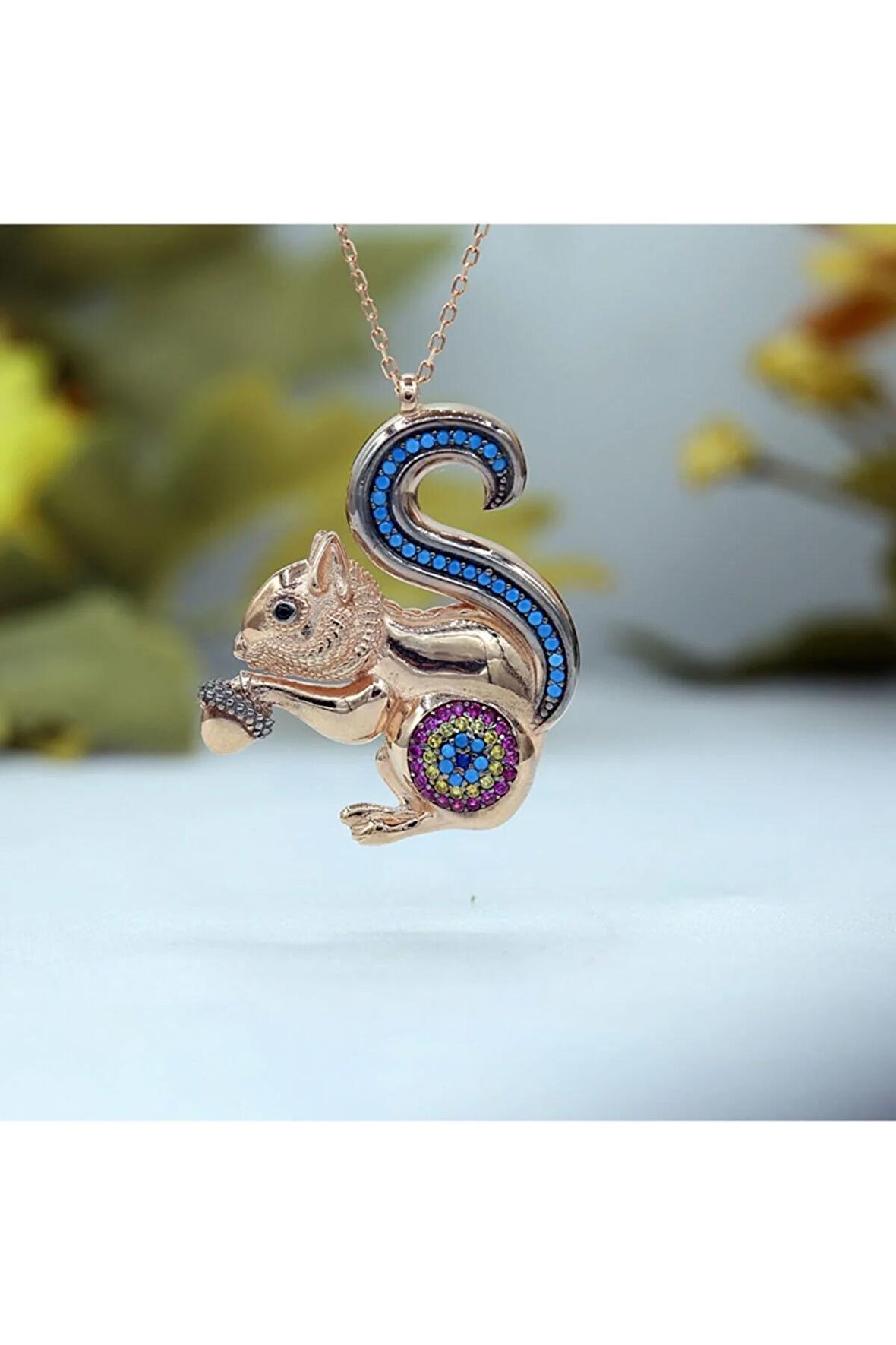 Kadın Rose Fuşya Taşlı Nazar Boncuklu Sincap 925 Ayar Gümüş Kolye