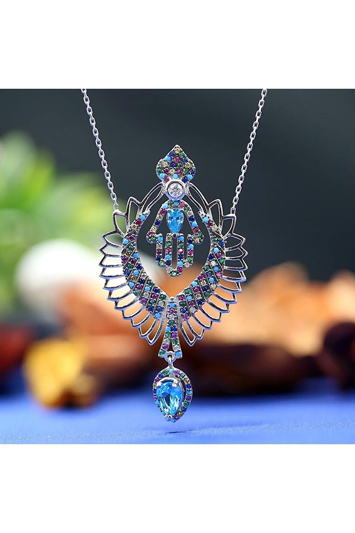 Kadın Miks Taşlı Kanatlı Fatma Eli 925 Ayar Gümüş Kolye