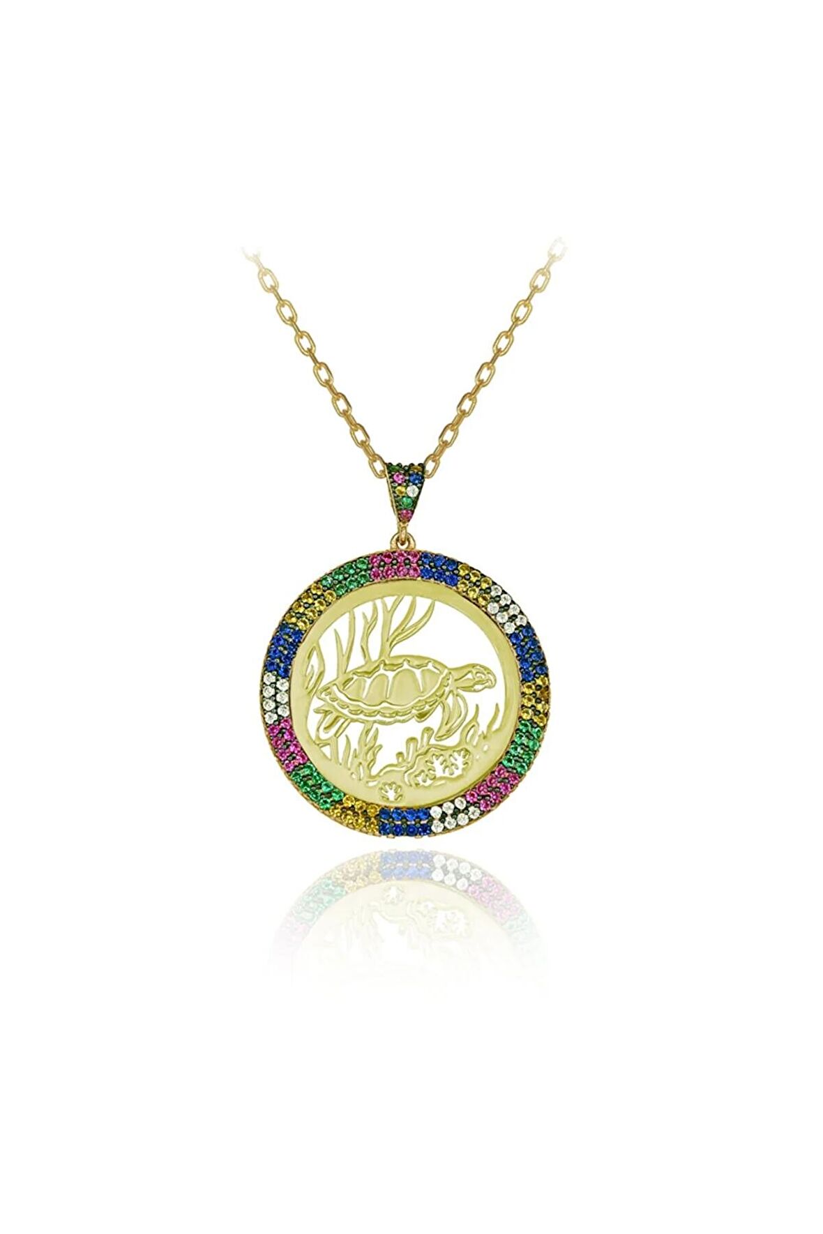 Kadın Rengarenk Taşlı 925 Ayar Gümüş Plaka Kaplumbağa Kolye