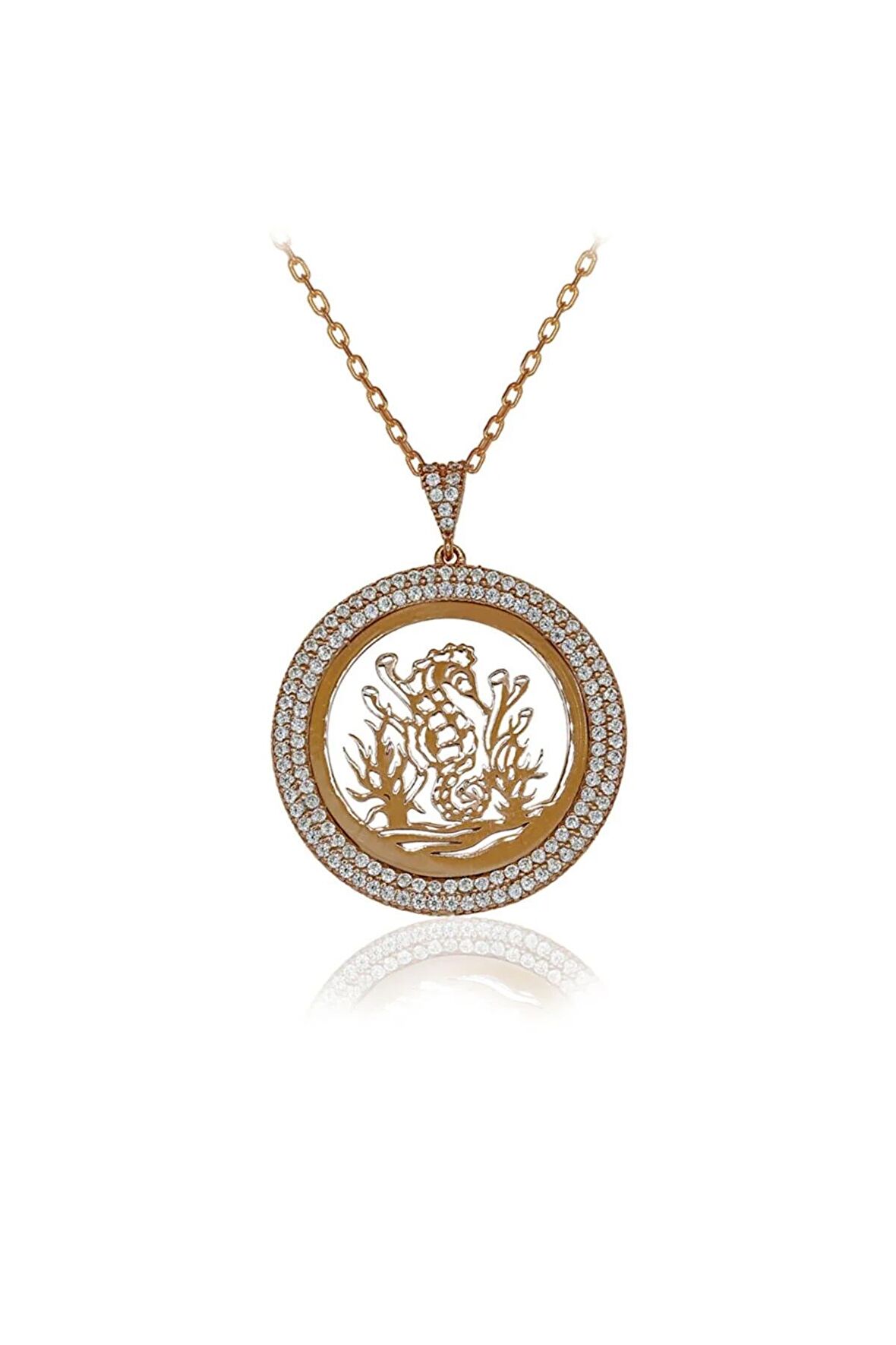 Kadın Rose Beyaz Taşlı 925 Ayar Gümüş Plaka Deniz Atı Kolye